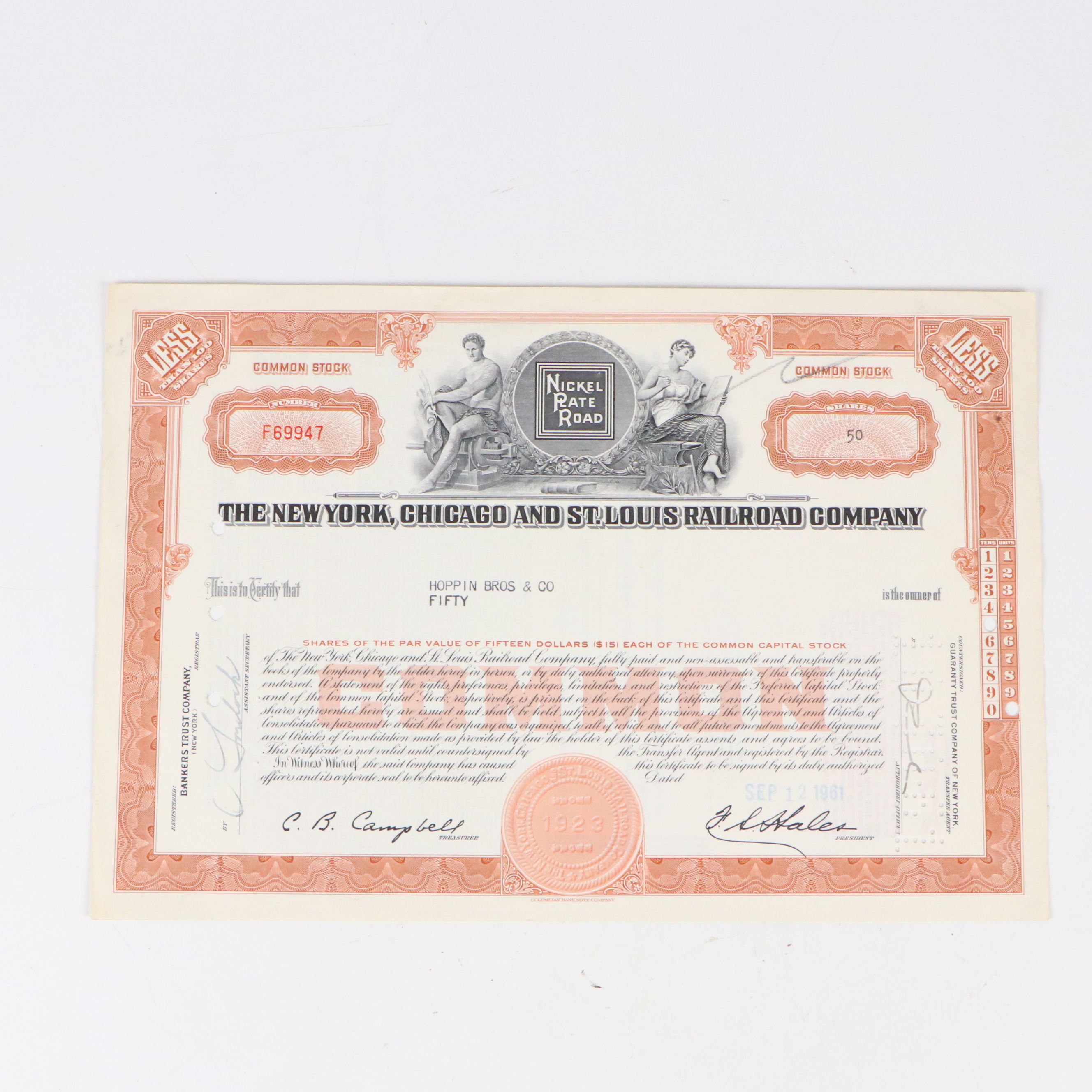 New York, Chicago and St. Louis Railroad Company Stock Certificates, Mid-20th C.