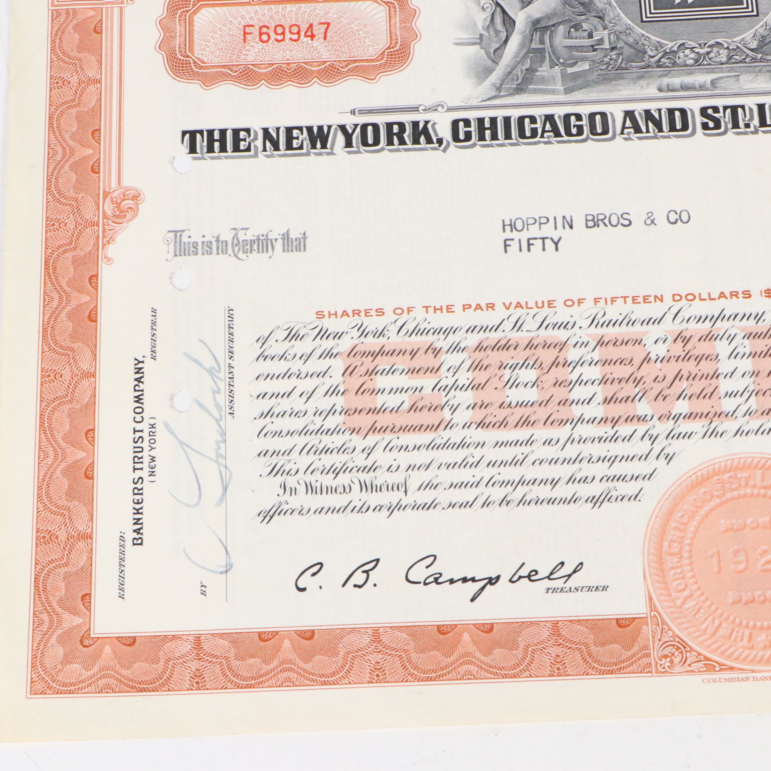 New York, Chicago and St. Louis Railroad Company Stock Certificates, Mid-20th C.