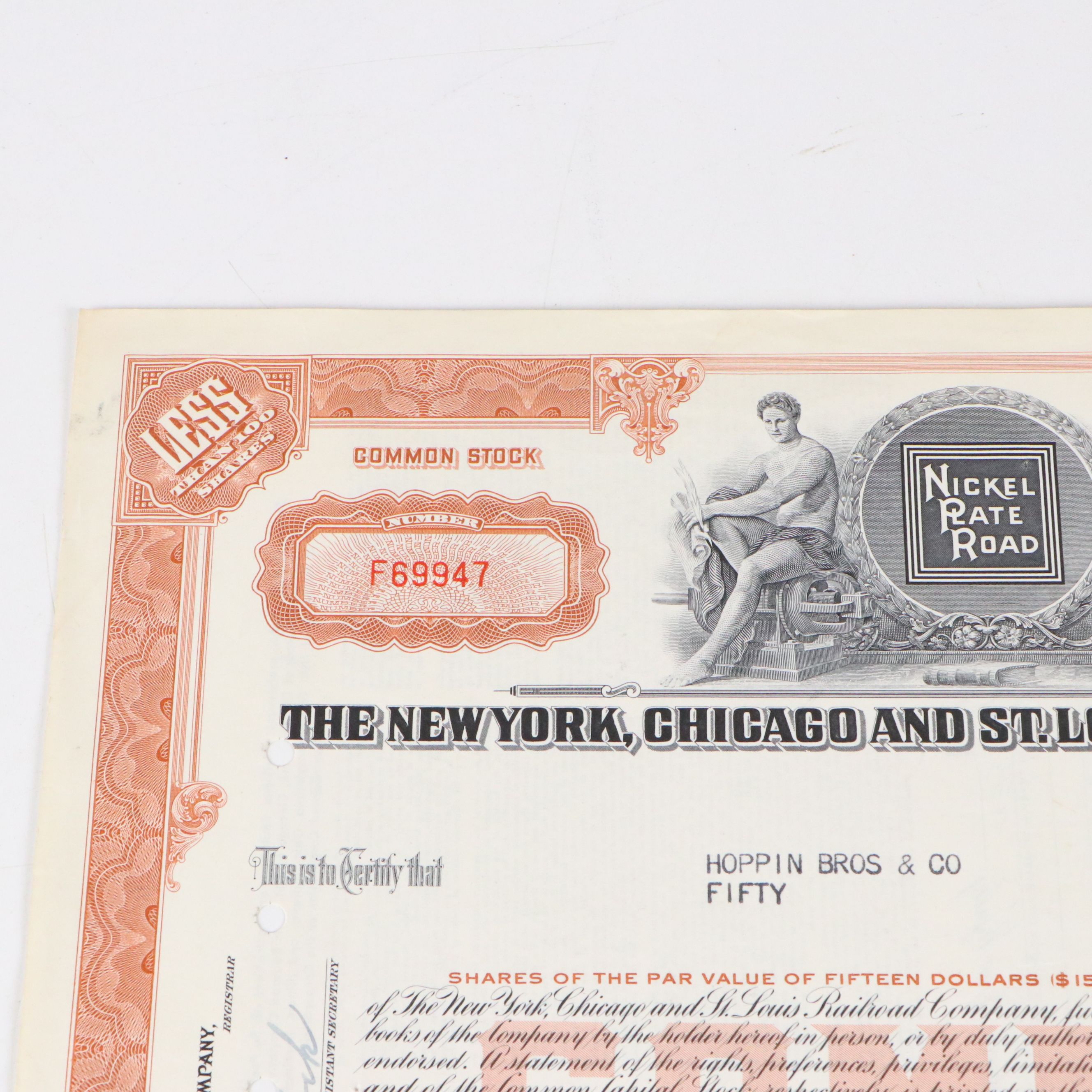 New York, Chicago and St. Louis Railroad Company Stock Certificates, Mid-20th C.
