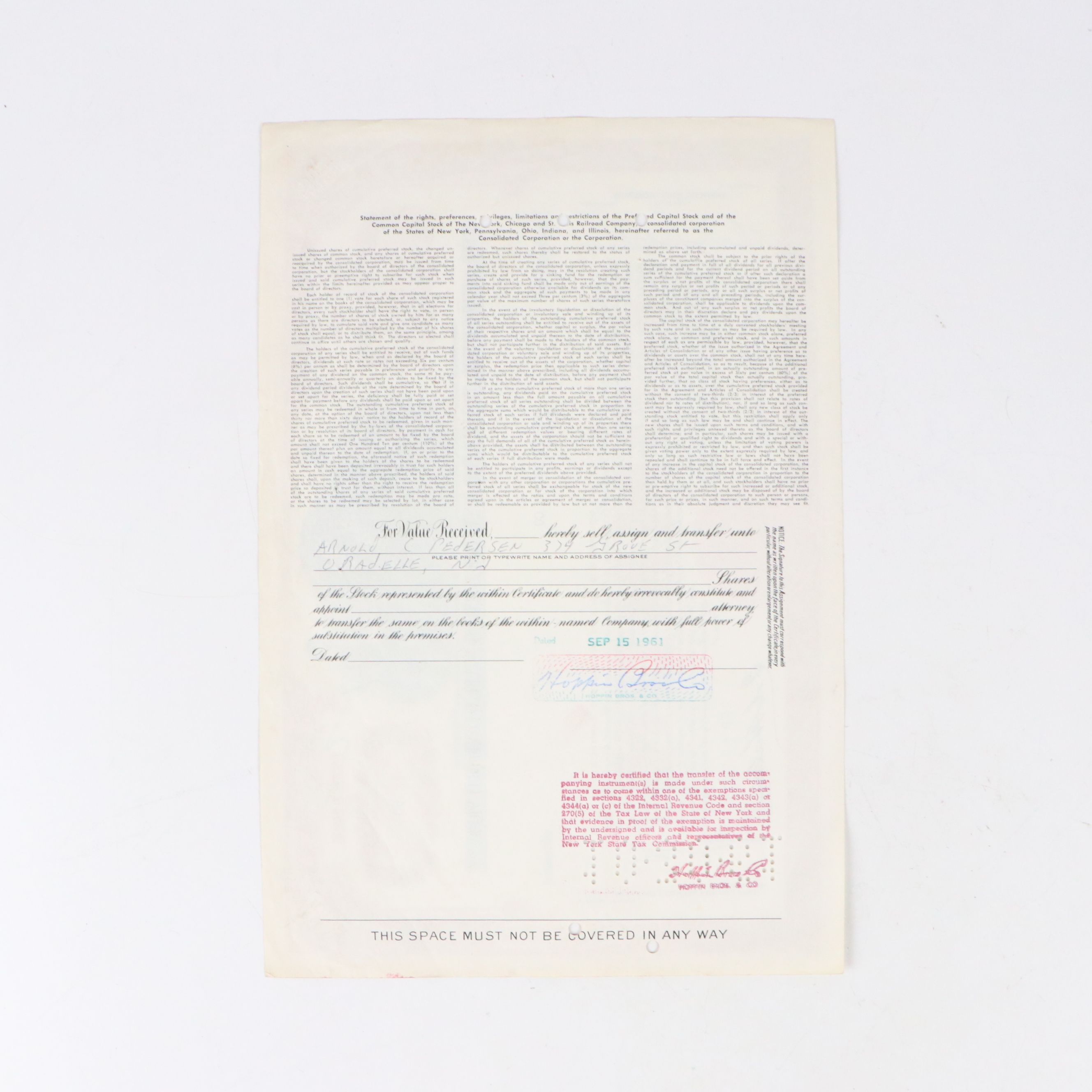 New York, Chicago and St. Louis Railroad Company Stock Certificates, Mid-20th C.