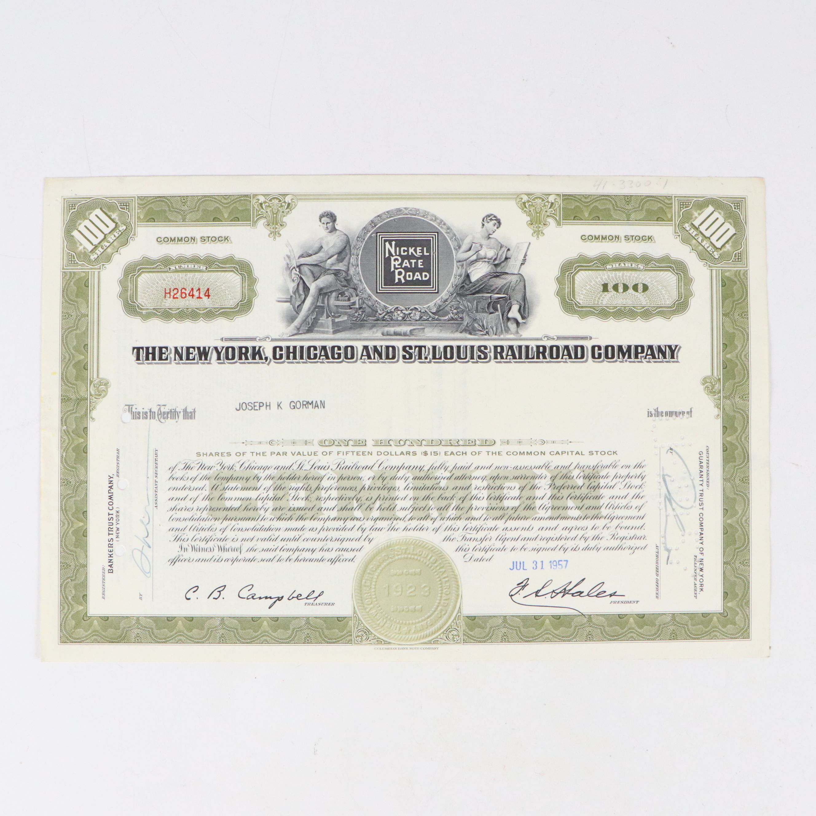 New York, Chicago and St. Louis Railroad Company Stock Certificates, Mid-20th C.
