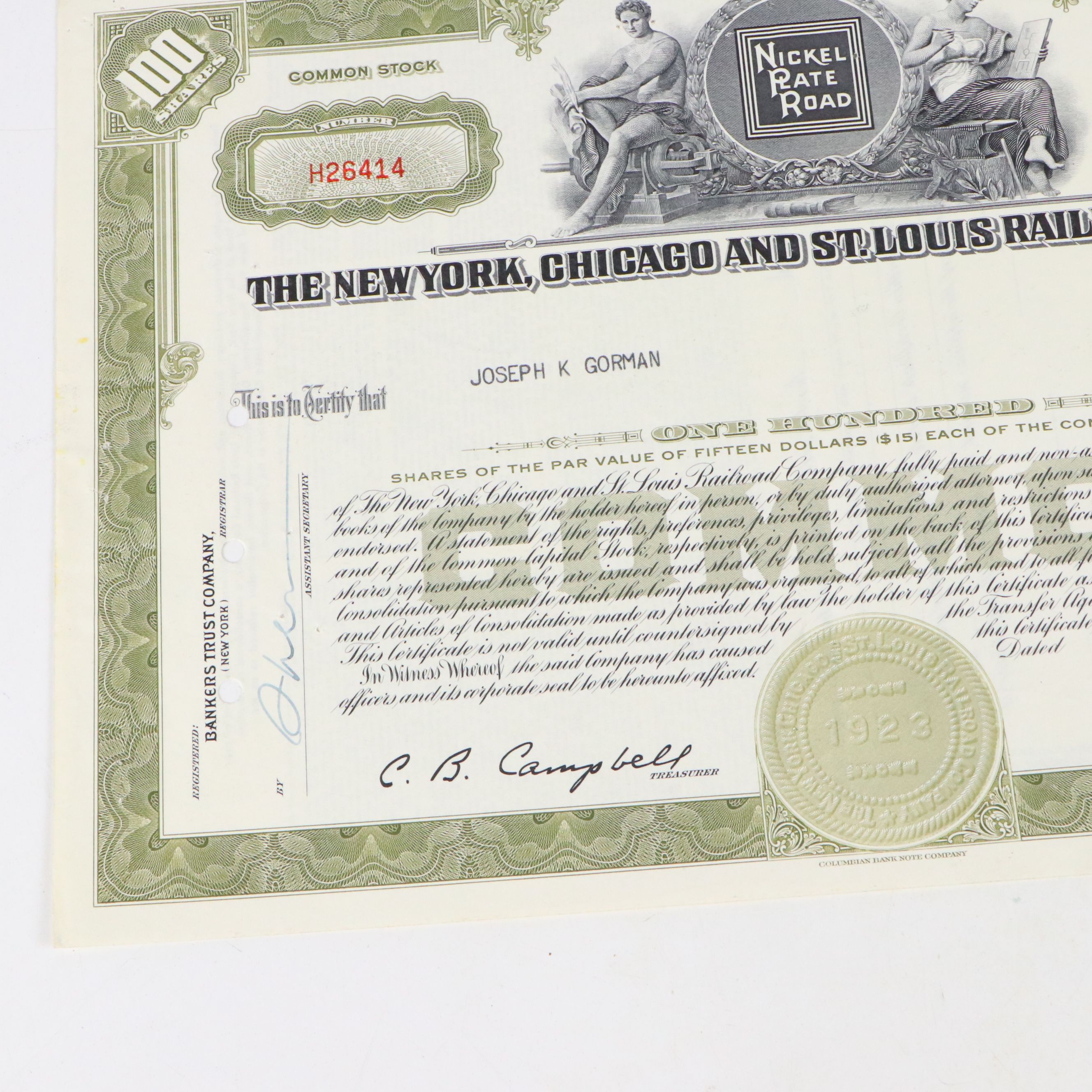 New York, Chicago and St. Louis Railroad Company Stock Certificates, Mid-20th C.