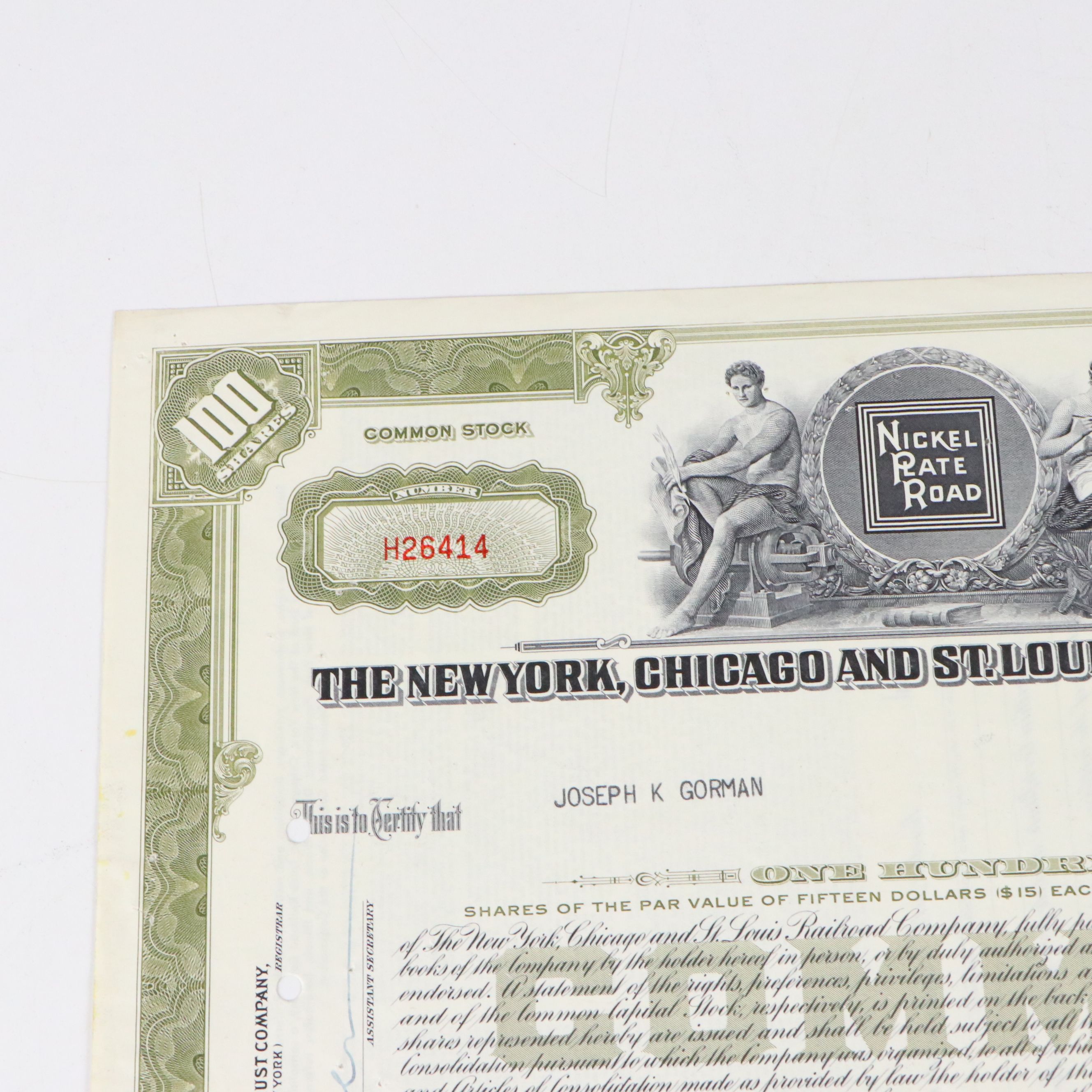 New York, Chicago and St. Louis Railroad Company Stock Certificates, Mid-20th C.