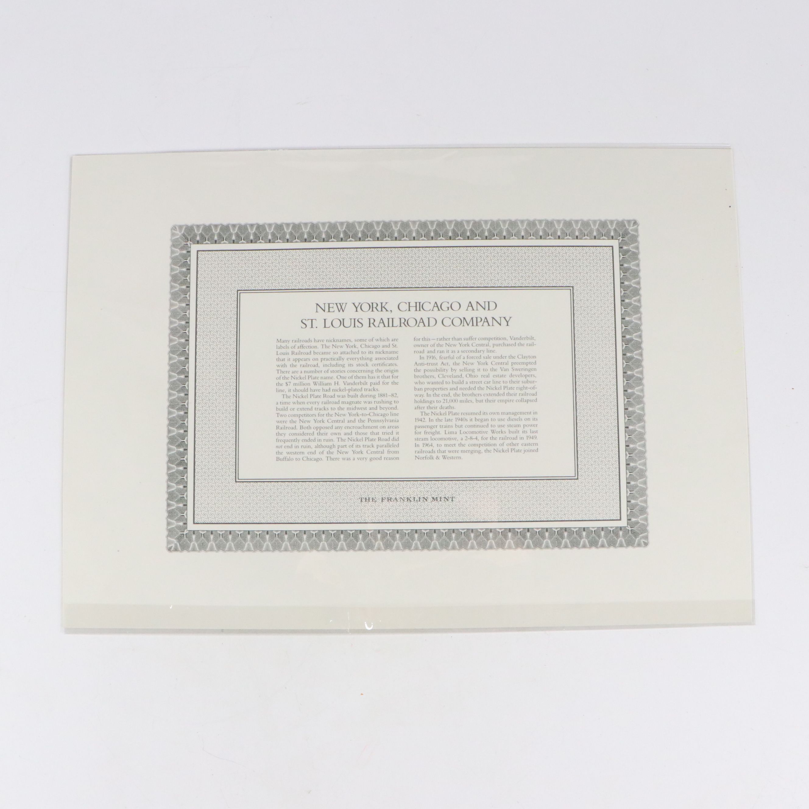 New York, Chicago and St. Louis Railroad Company Stock Certificates, Mid-20th C.