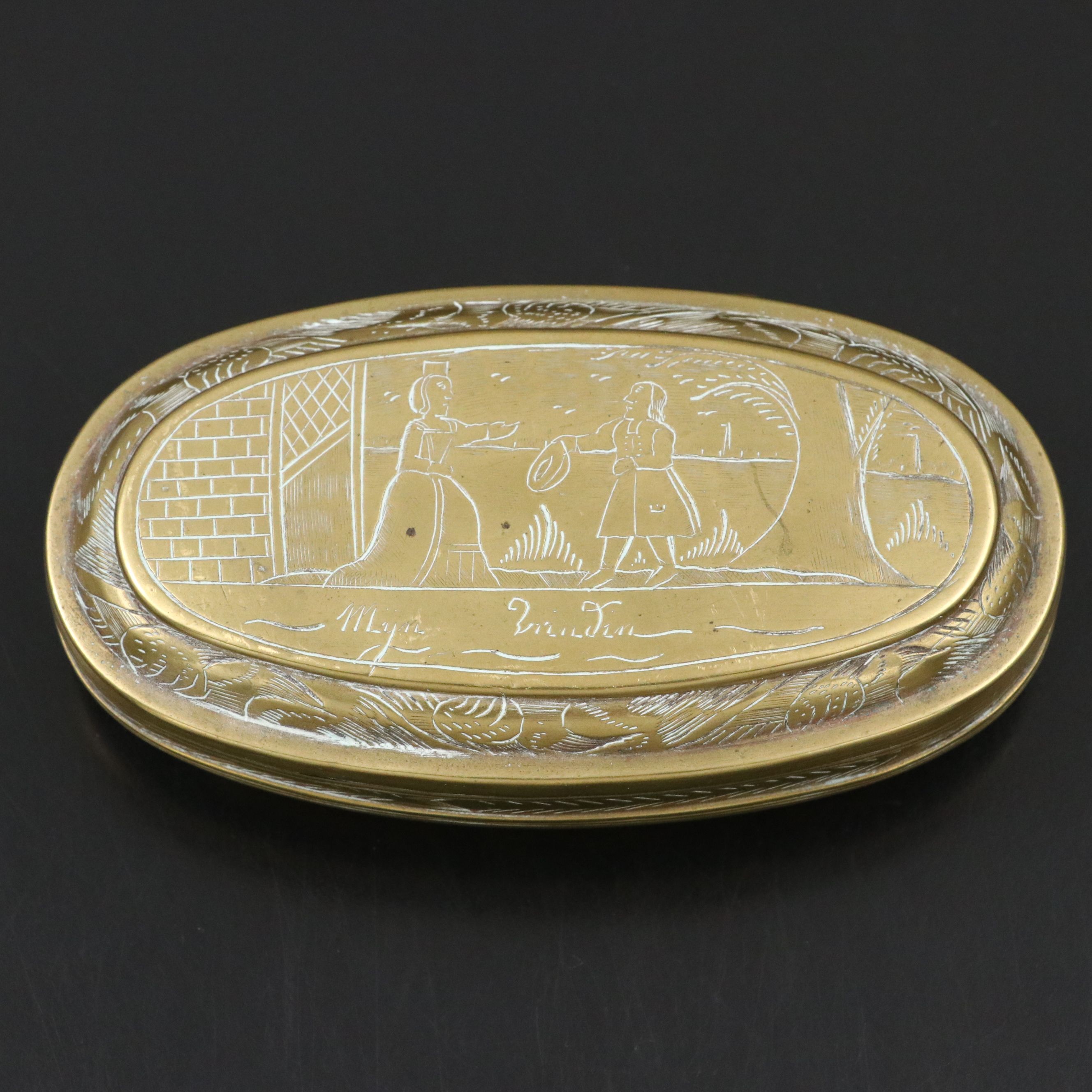 Dutch "Myn Vriendin, Loont Veder Min" Brass Tin-Lined Tobacco Box, 18th C.