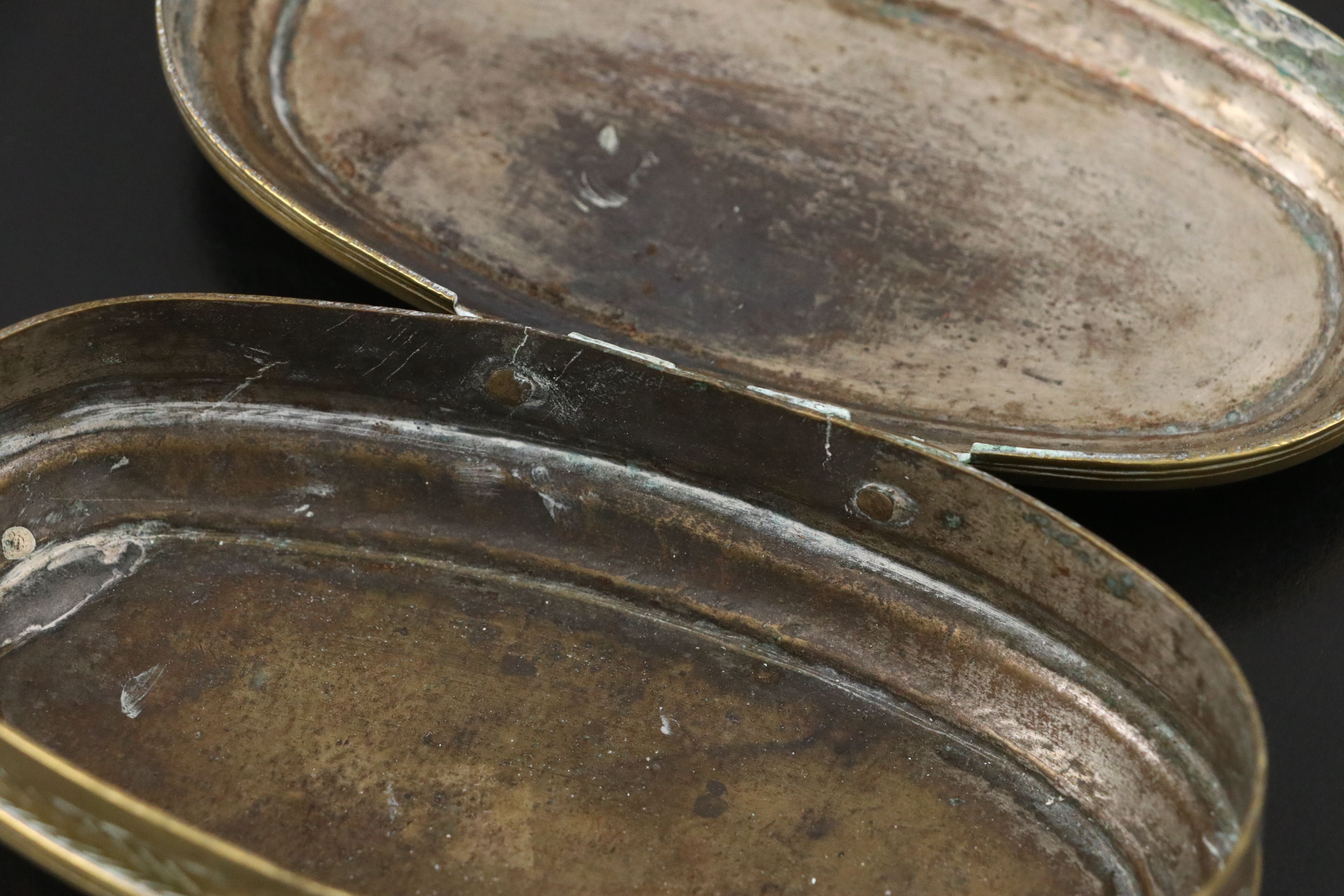 Dutch "Myn Vriendin, Loont Veder Min" Brass Tin-Lined Tobacco Box, 18th C.