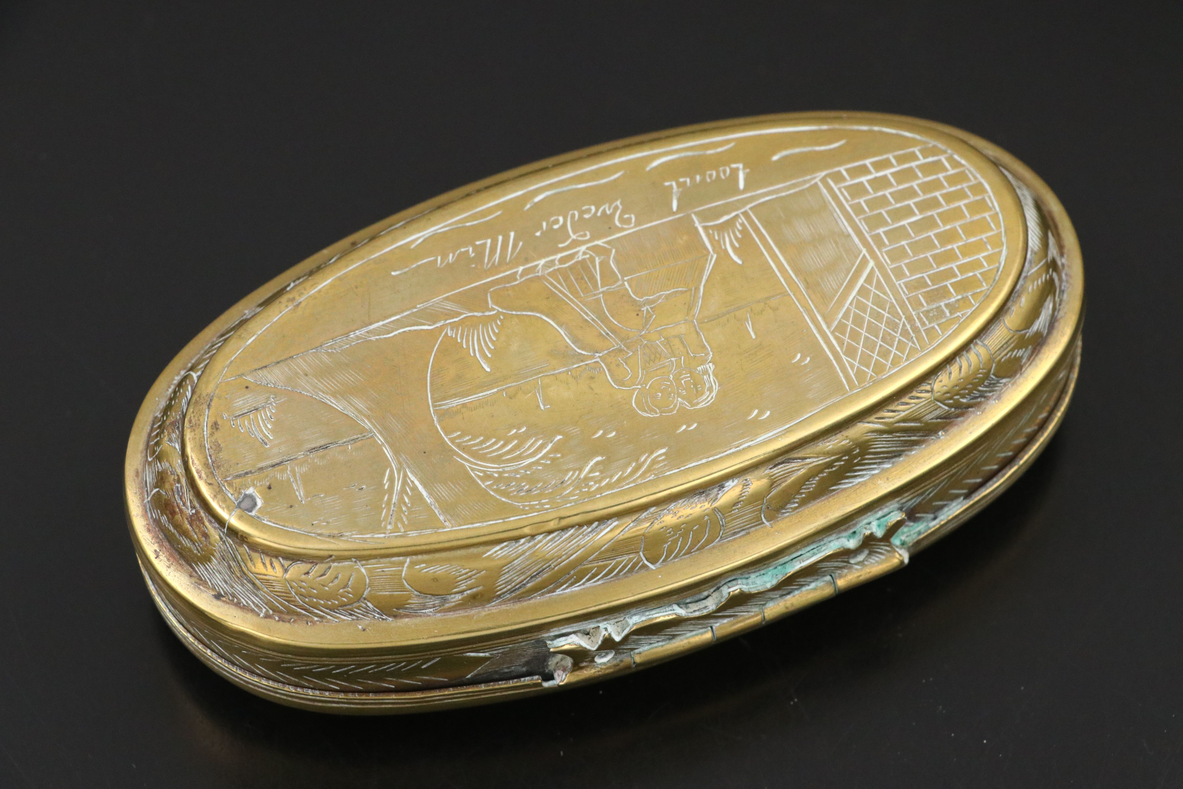 Dutch "Myn Vriendin, Loont Veder Min" Brass Tin-Lined Tobacco Box, 18th C.