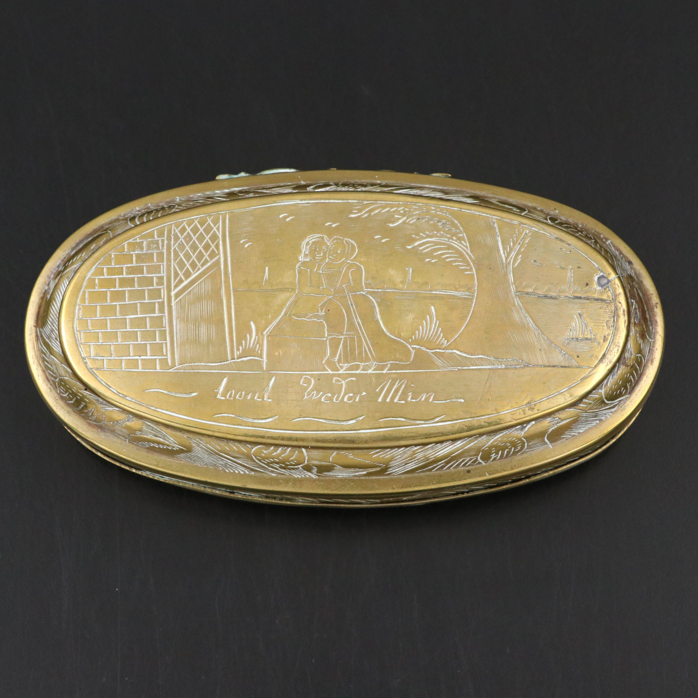 Dutch "Myn Vriendin, Loont Veder Min" Brass Tin-Lined Tobacco Box, 18th C.
