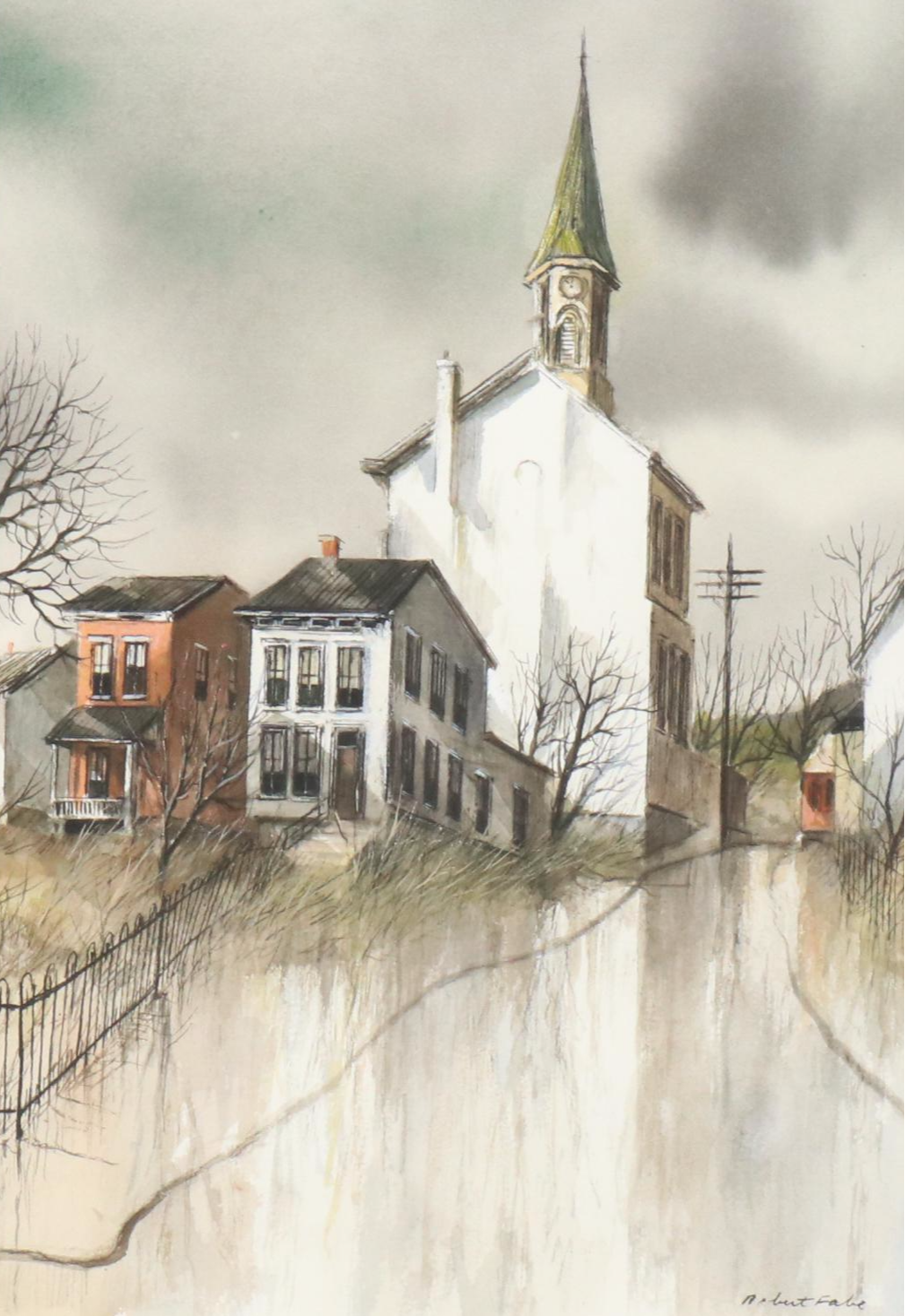 Robert Fabe Watercolor Painting of Neighborhood Landscape, Circa 1960