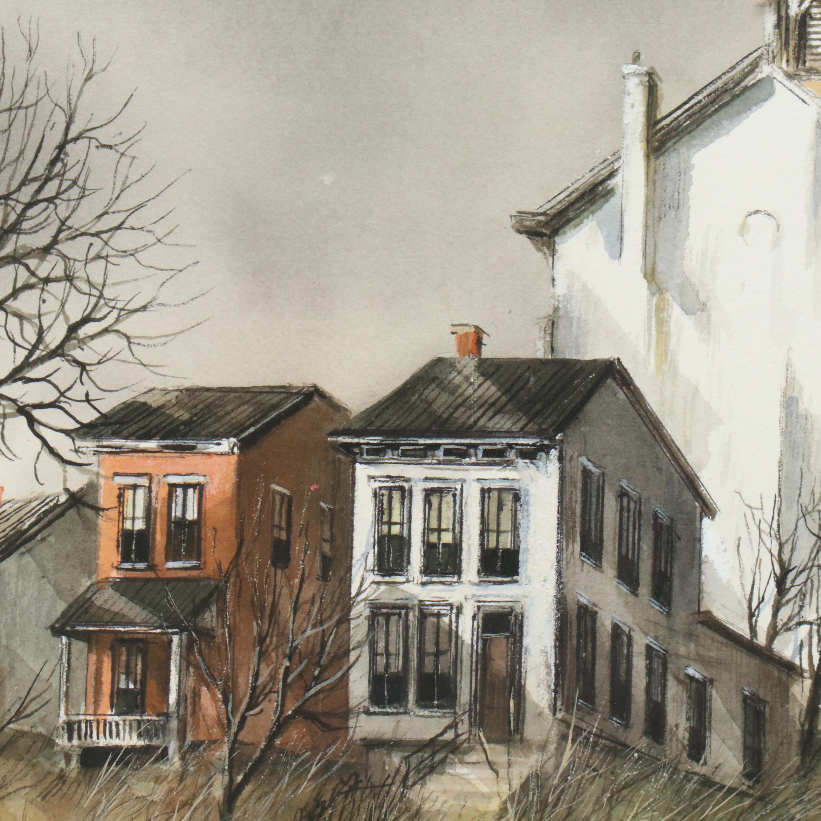 Robert Fabe Watercolor Painting of Neighborhood Landscape, Circa 1960