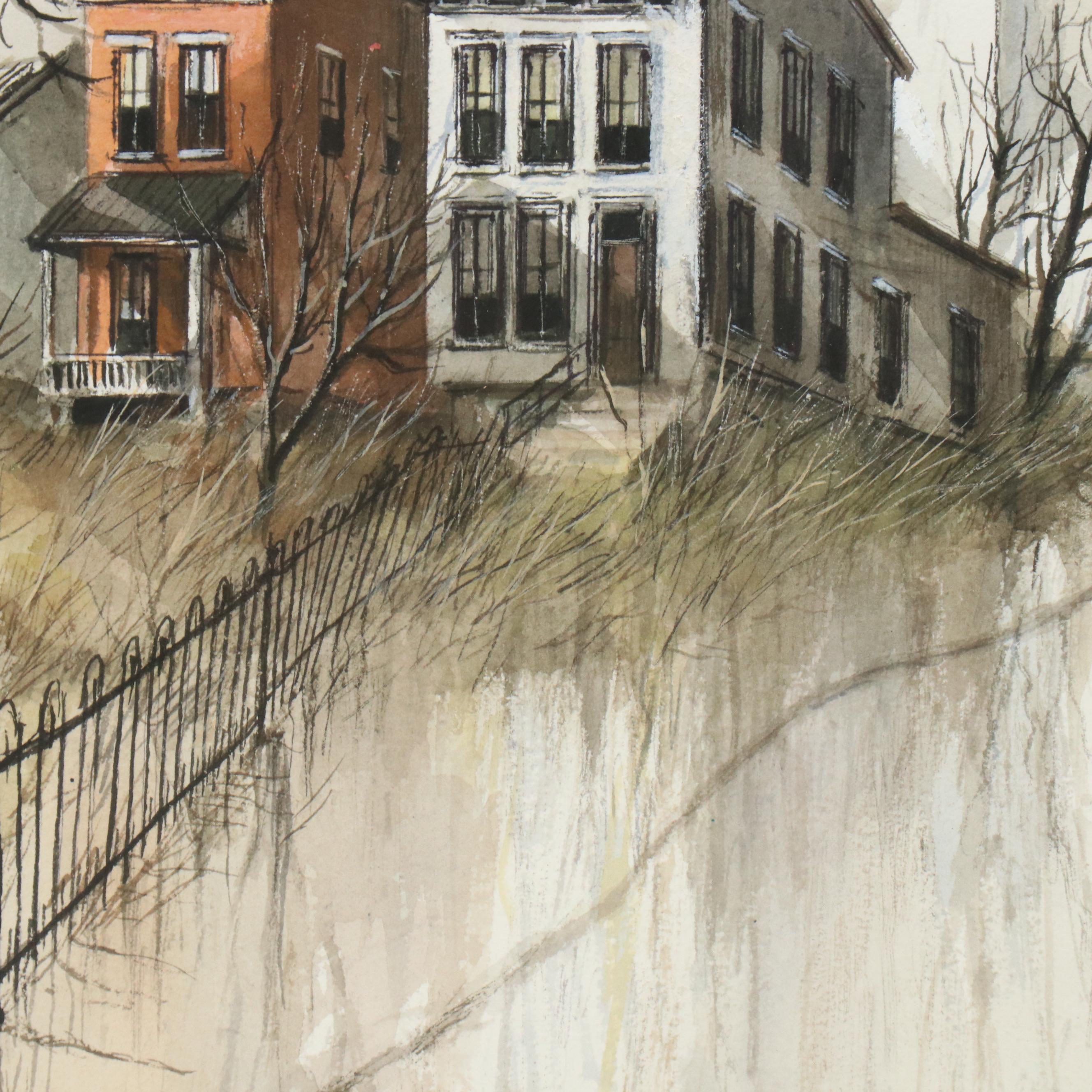 Robert Fabe Watercolor Painting of Neighborhood Landscape, Circa 1960