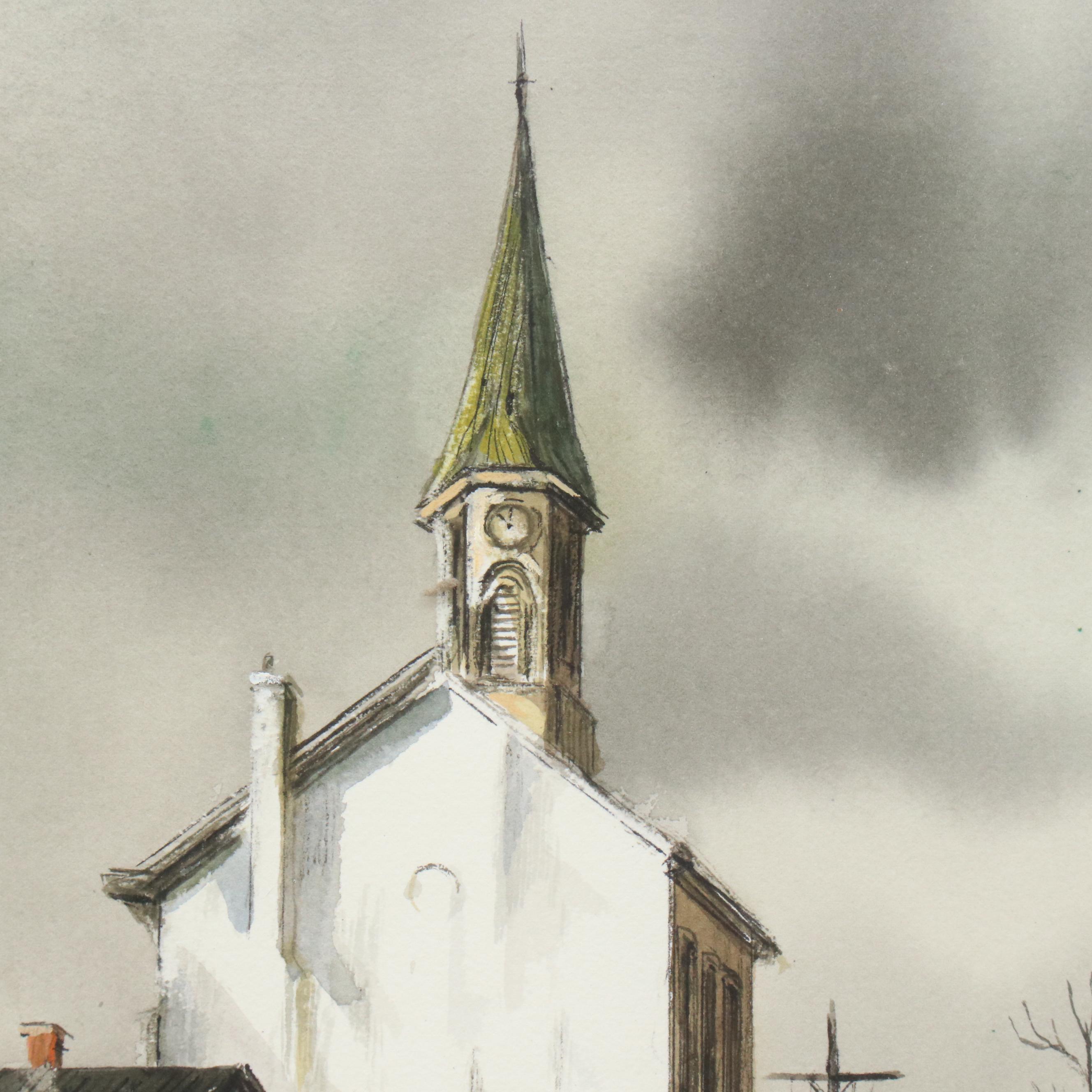 Robert Fabe Watercolor Painting of Neighborhood Landscape, Circa 1960