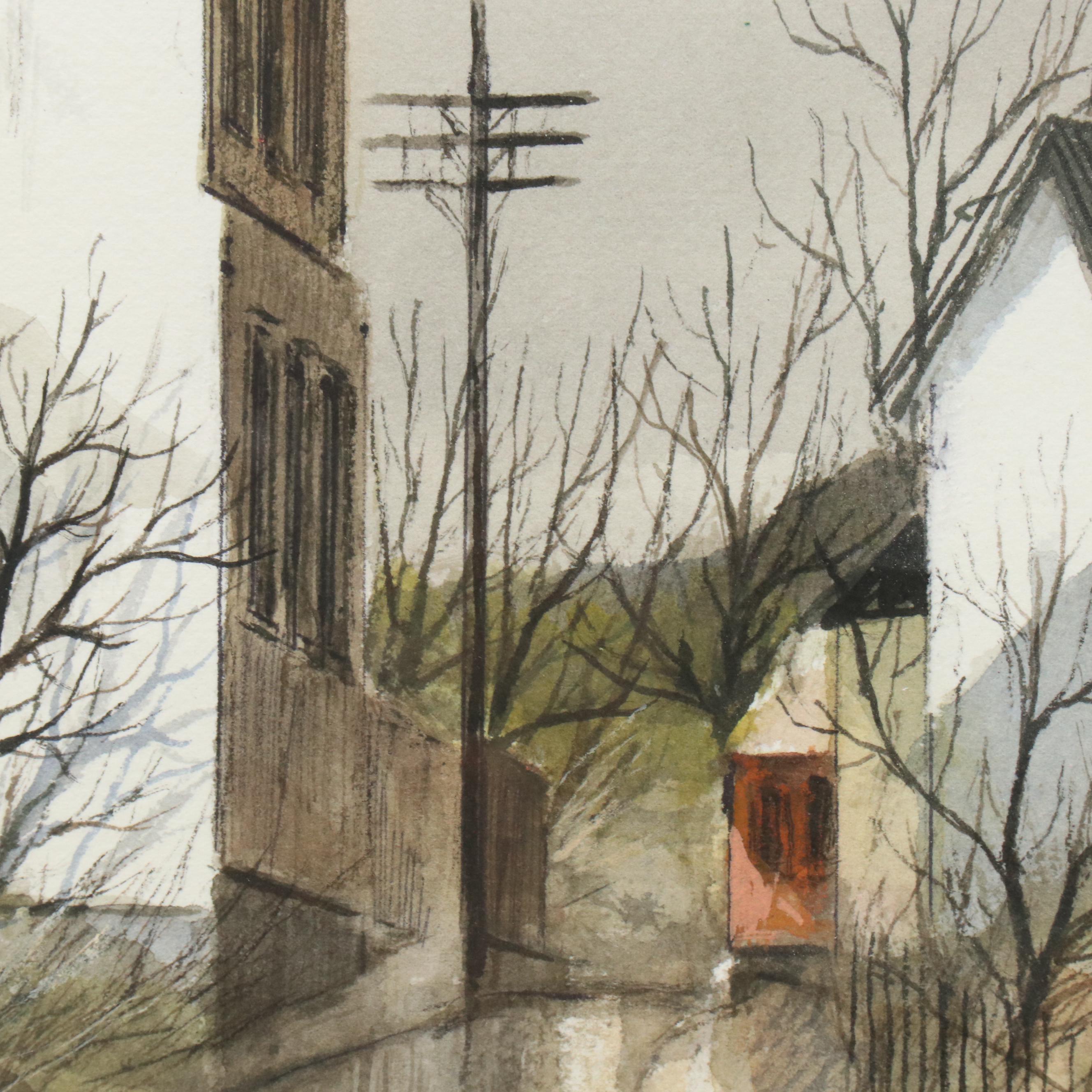Robert Fabe Watercolor Painting of Neighborhood Landscape, Circa 1960