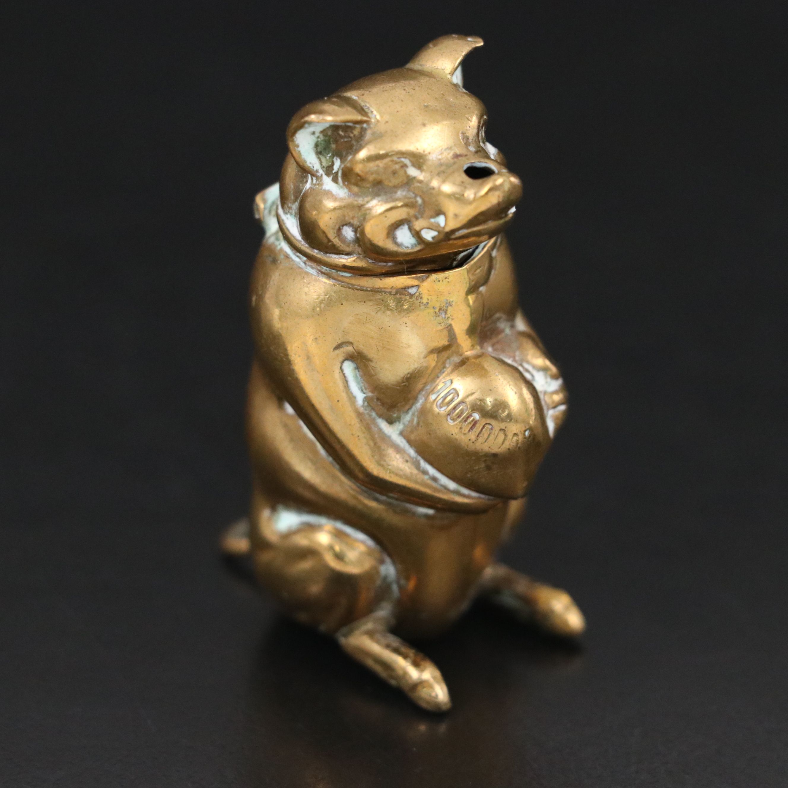 Figural Pig with Money Bag Brass Vesta Case, Late 19th/Early 20th Century