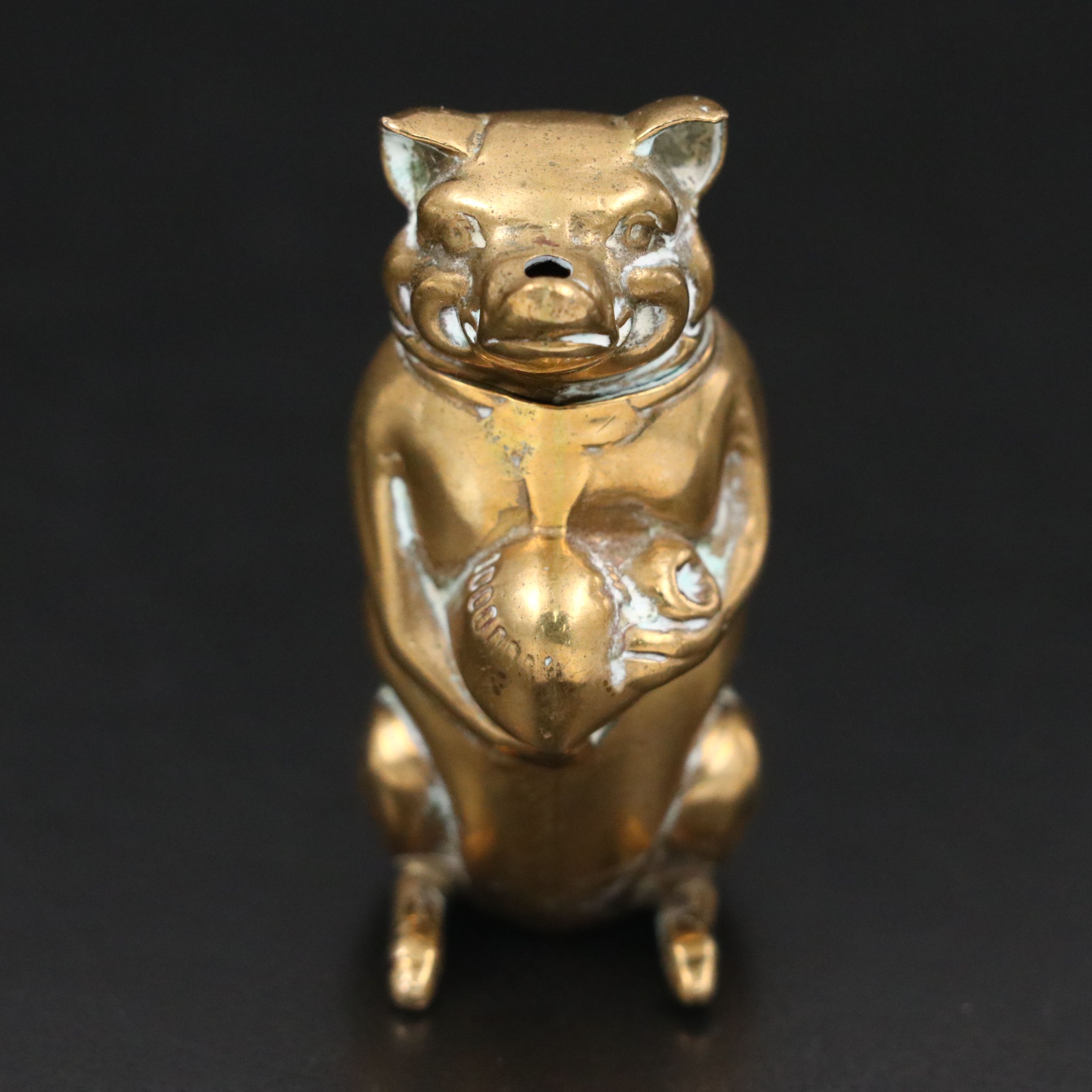 Figural Pig with Money Bag Brass Vesta Case, Late 19th/Early 20th Century