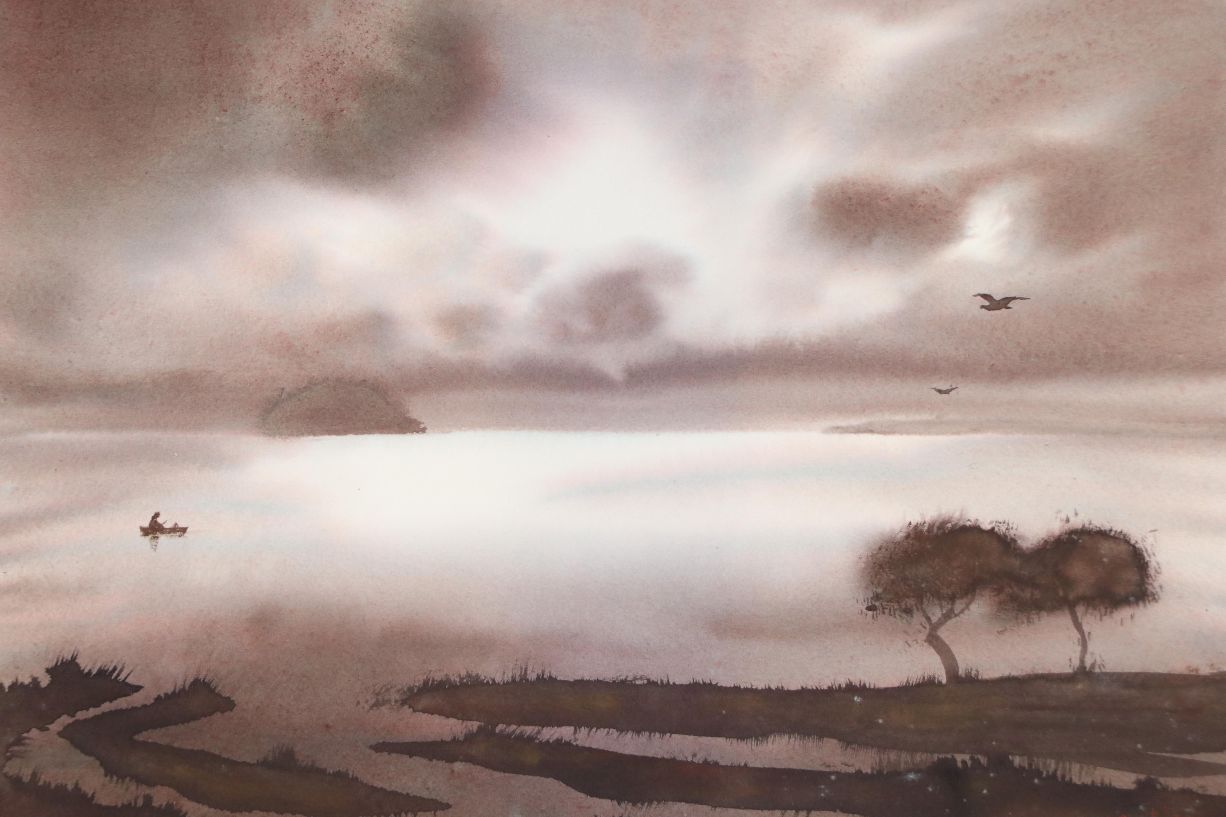 Mariano Ortuzar Landscape Watercolor Painting with Open Water with Trees, 1979