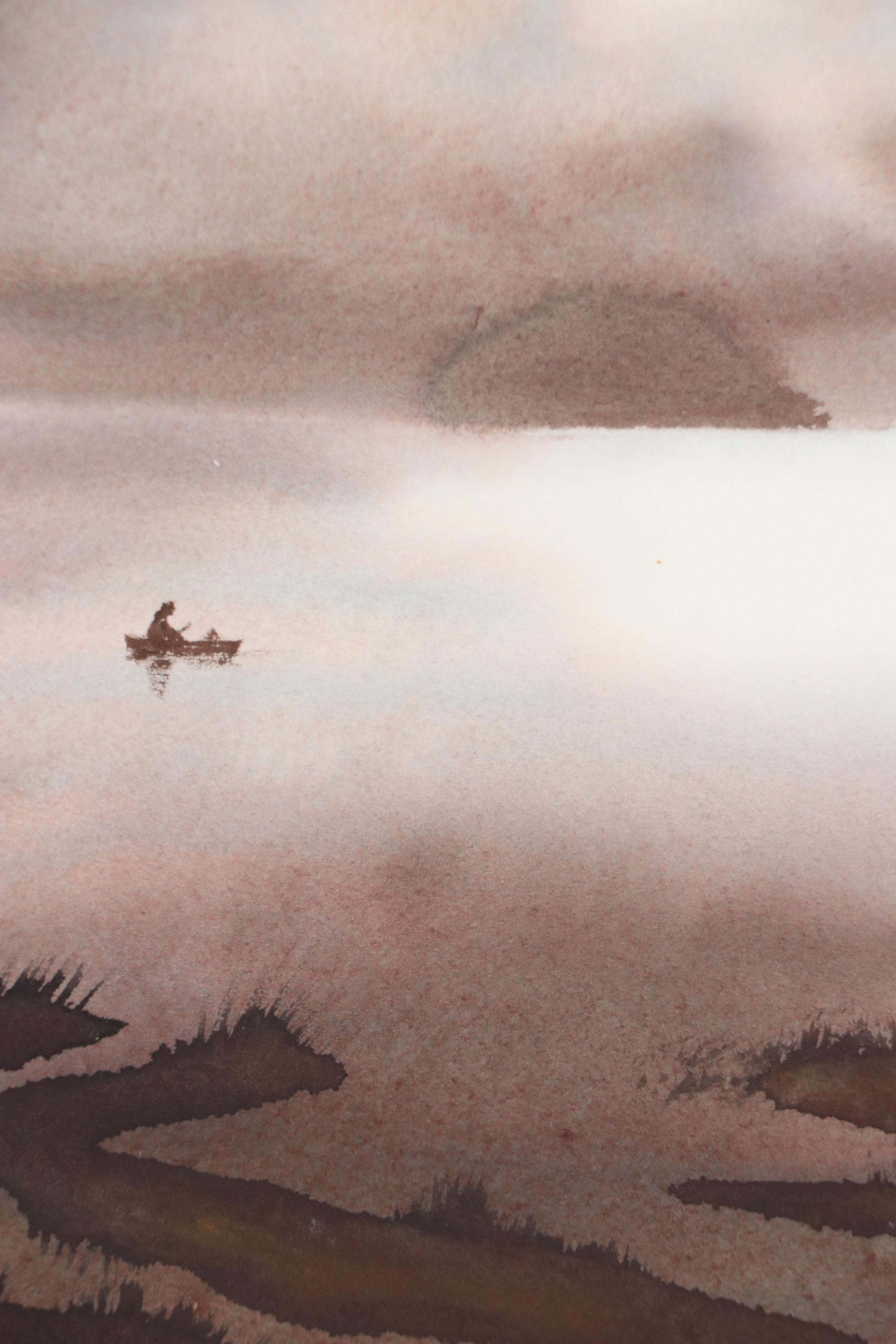 Mariano Ortuzar Landscape Watercolor Painting with Open Water with Trees, 1979