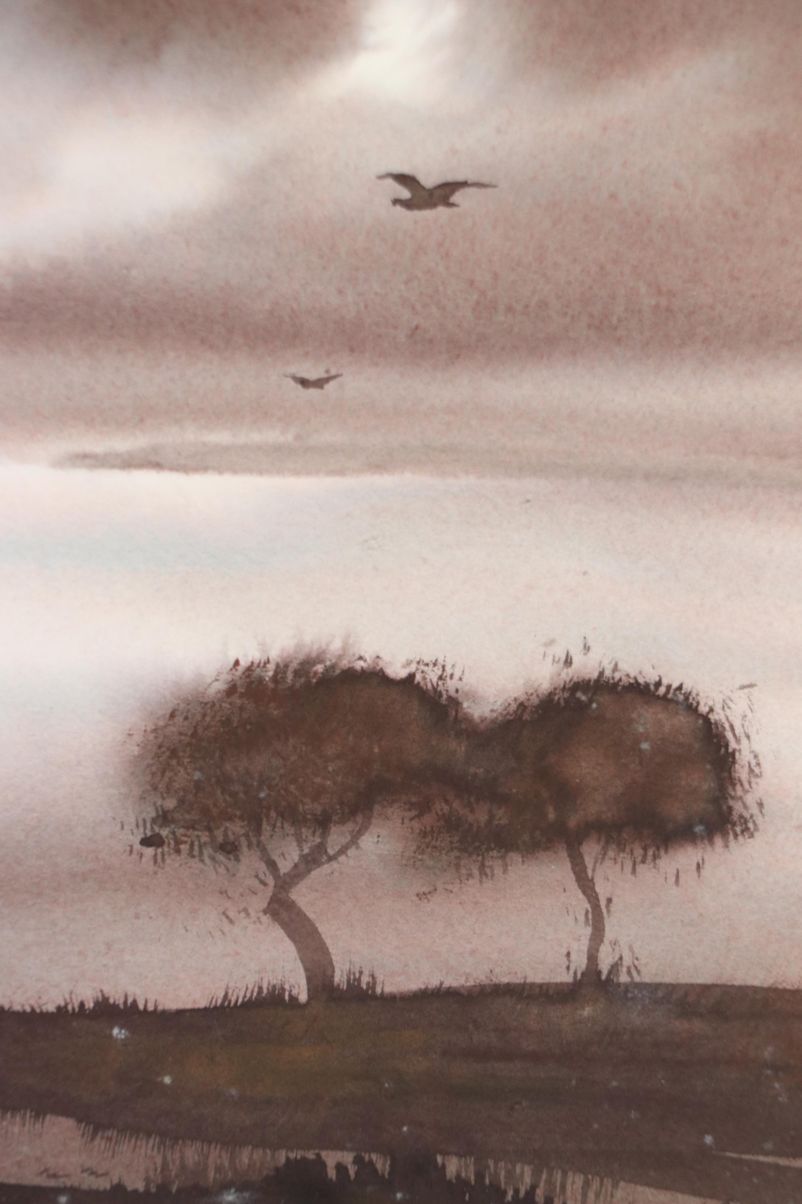 Mariano Ortuzar Landscape Watercolor Painting with Open Water with Trees, 1979