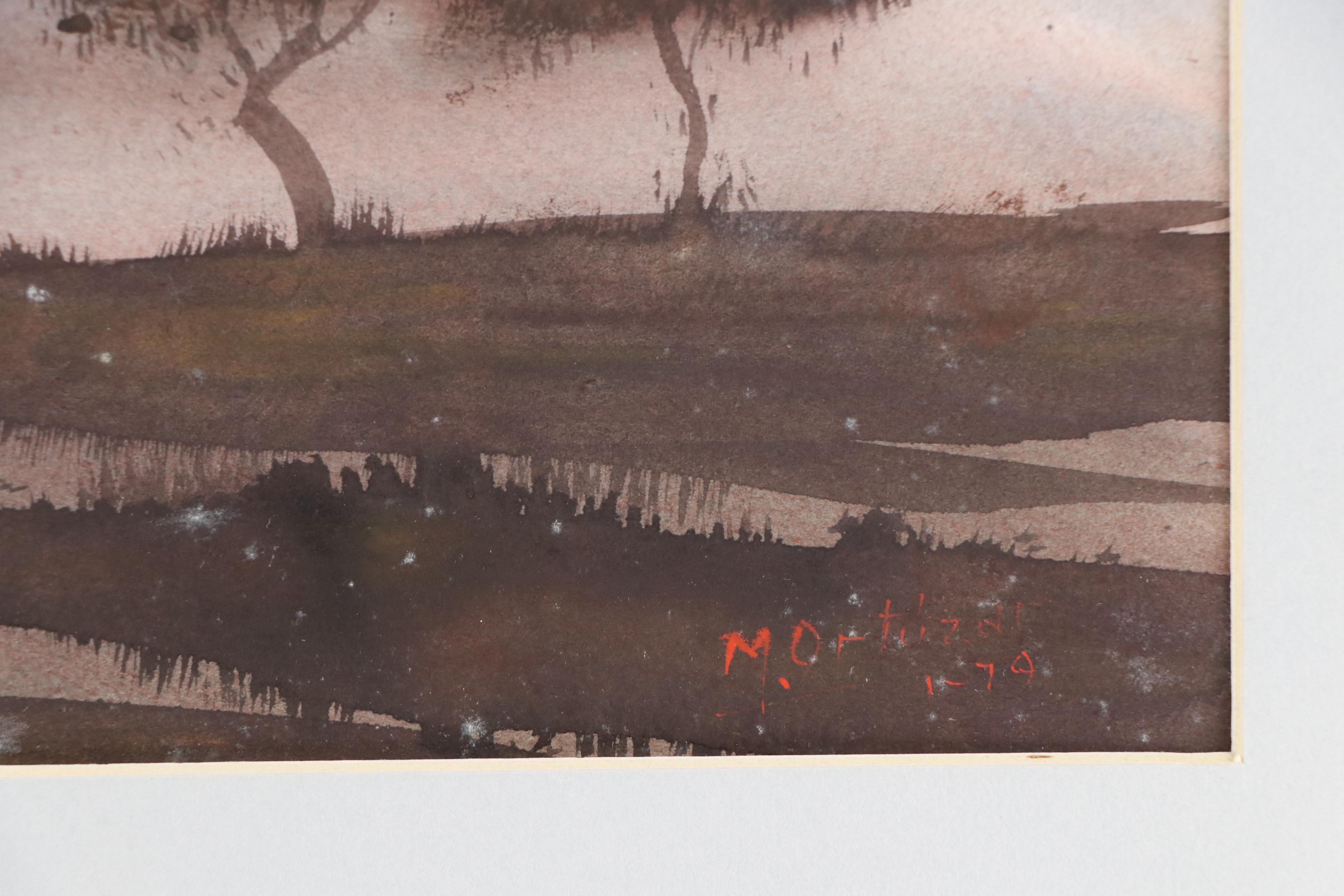 Mariano Ortuzar Landscape Watercolor Painting with Open Water with Trees, 1979