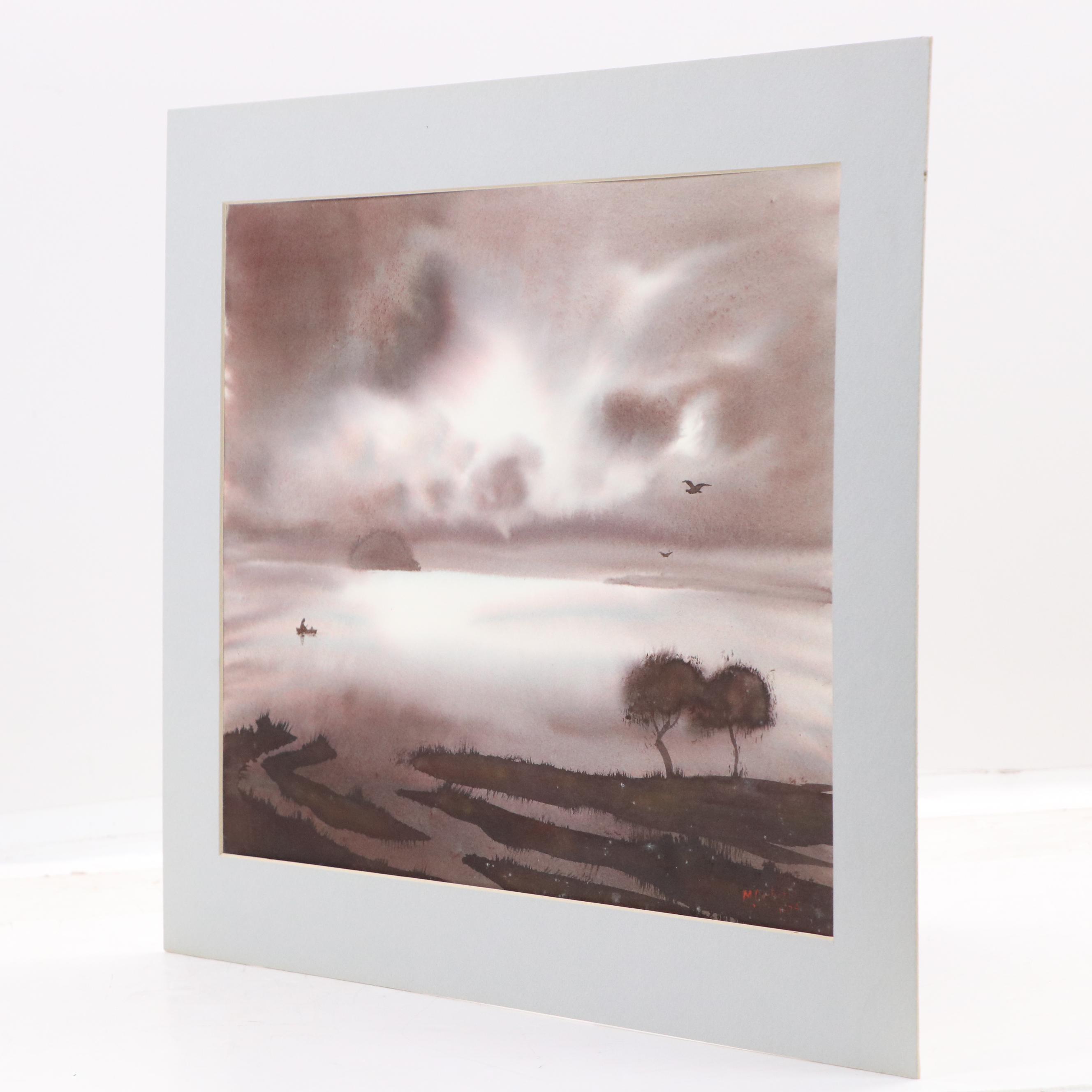 Mariano Ortuzar Landscape Watercolor Painting with Open Water with Trees, 1979