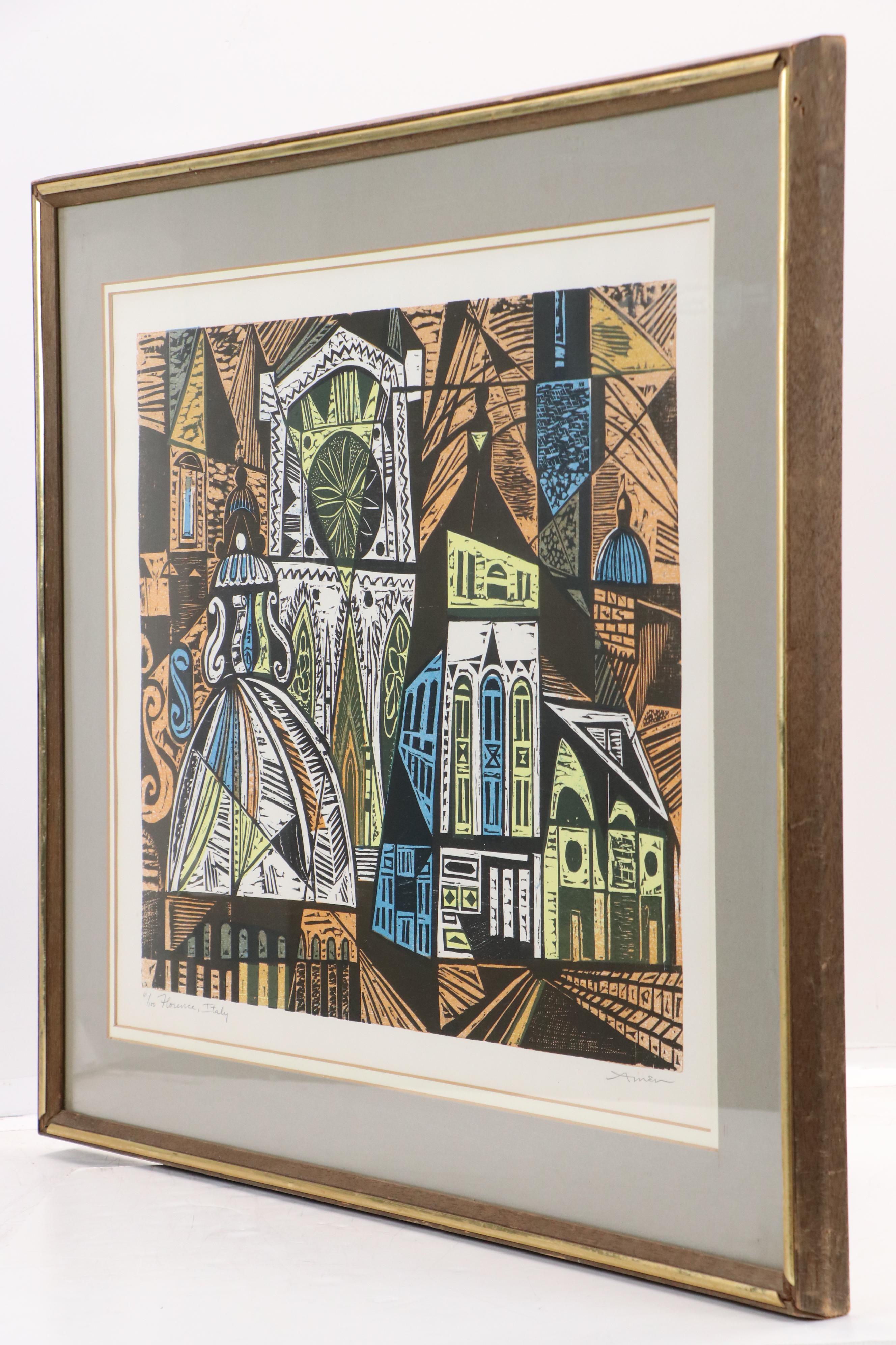 Irving Amen Color Woodcut "Florence Italy"