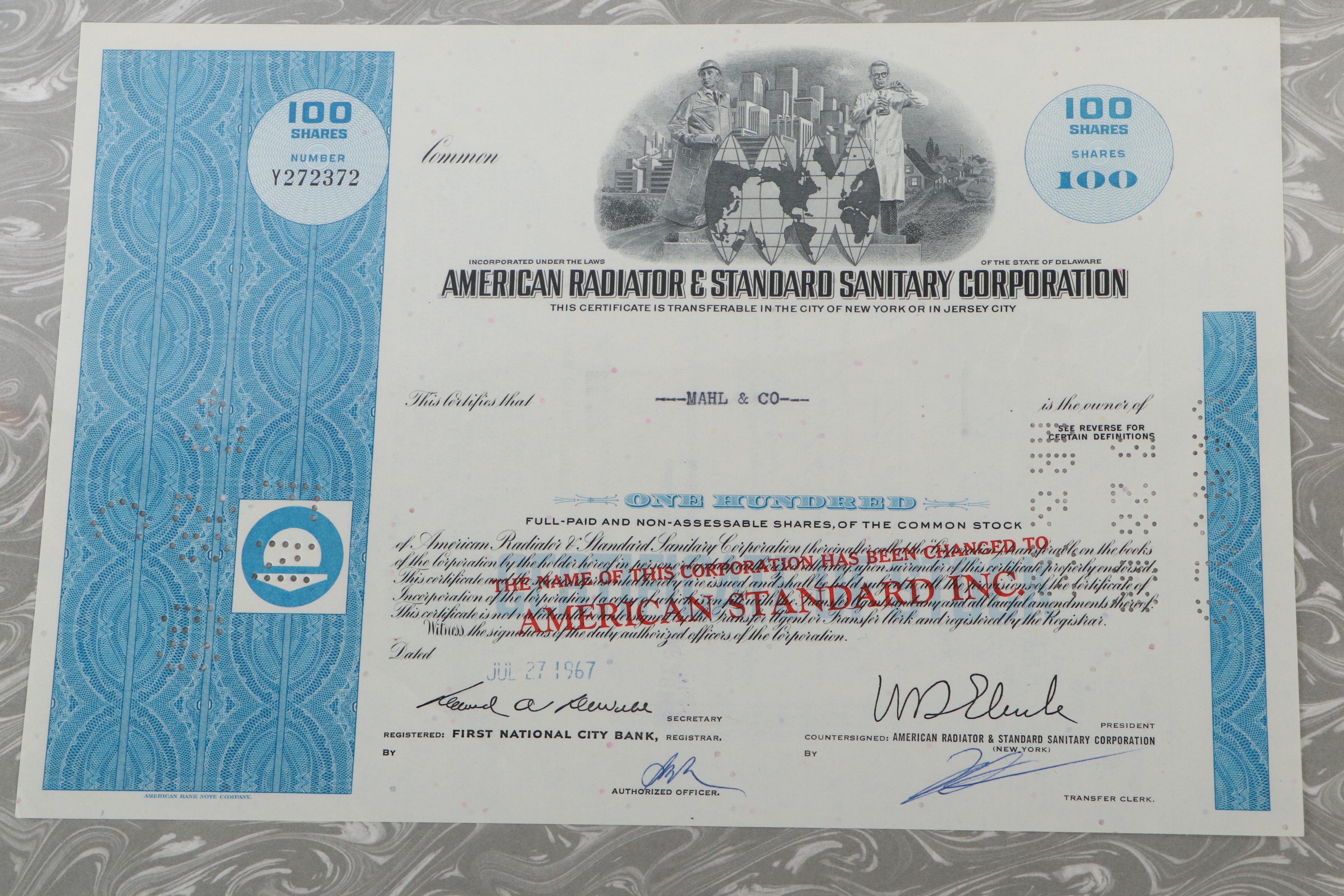 American Thread Company with Other Stock Certificates, Mid-20th Century