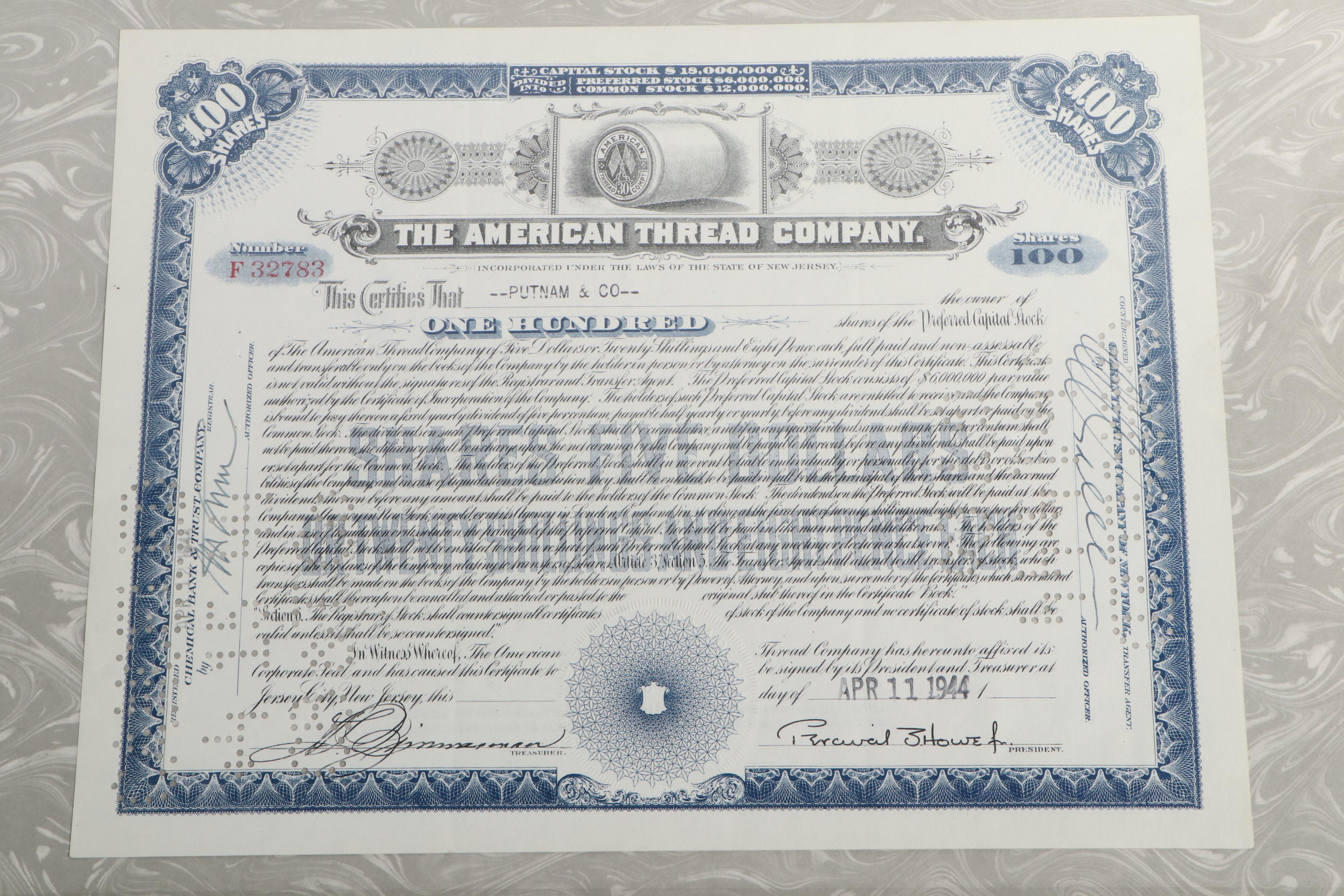 American Thread Company with Other Stock Certificates, Mid-20th Century