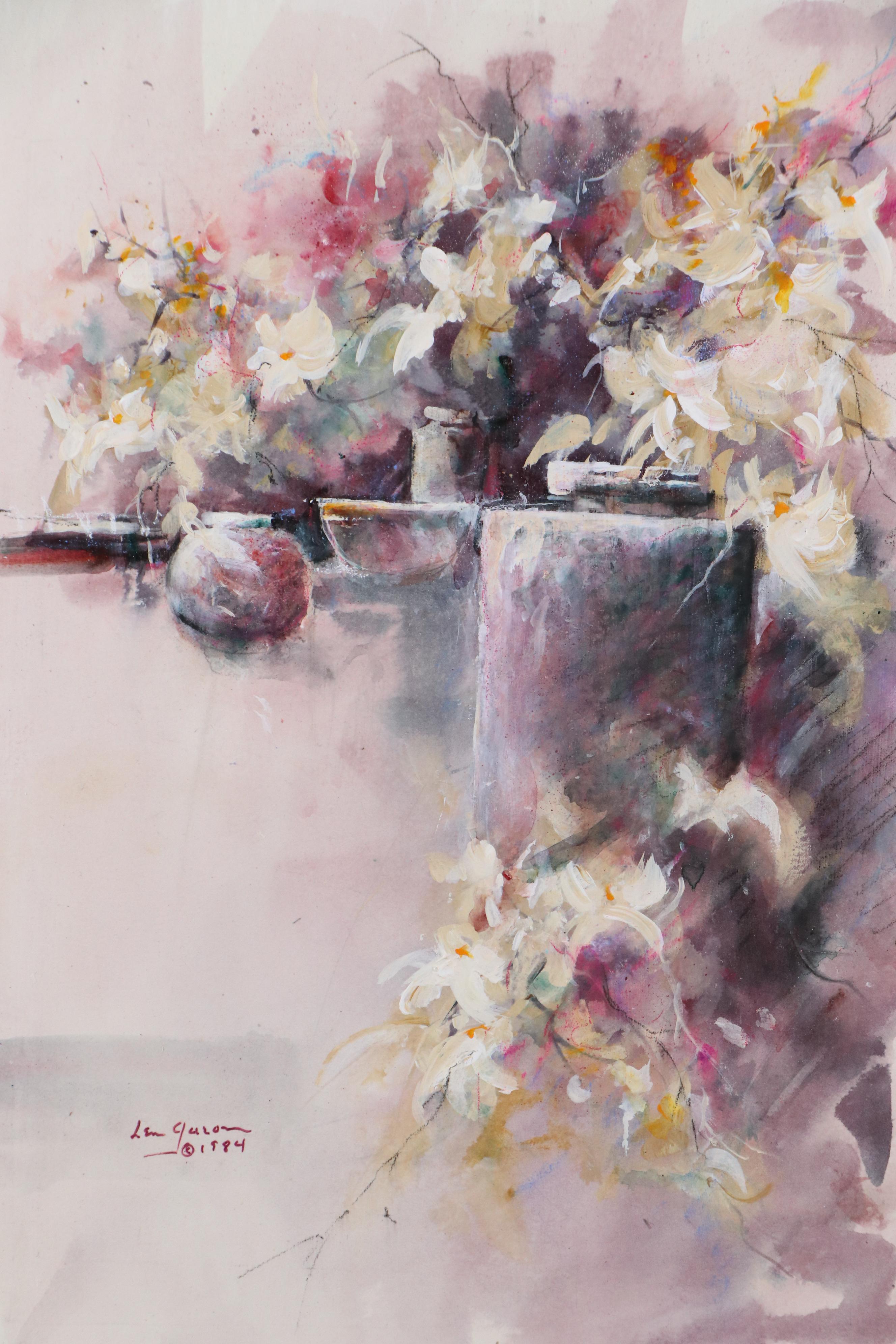Len Garon Impressionist Style Gouache Painting with Flowers and Pottery, 1984
