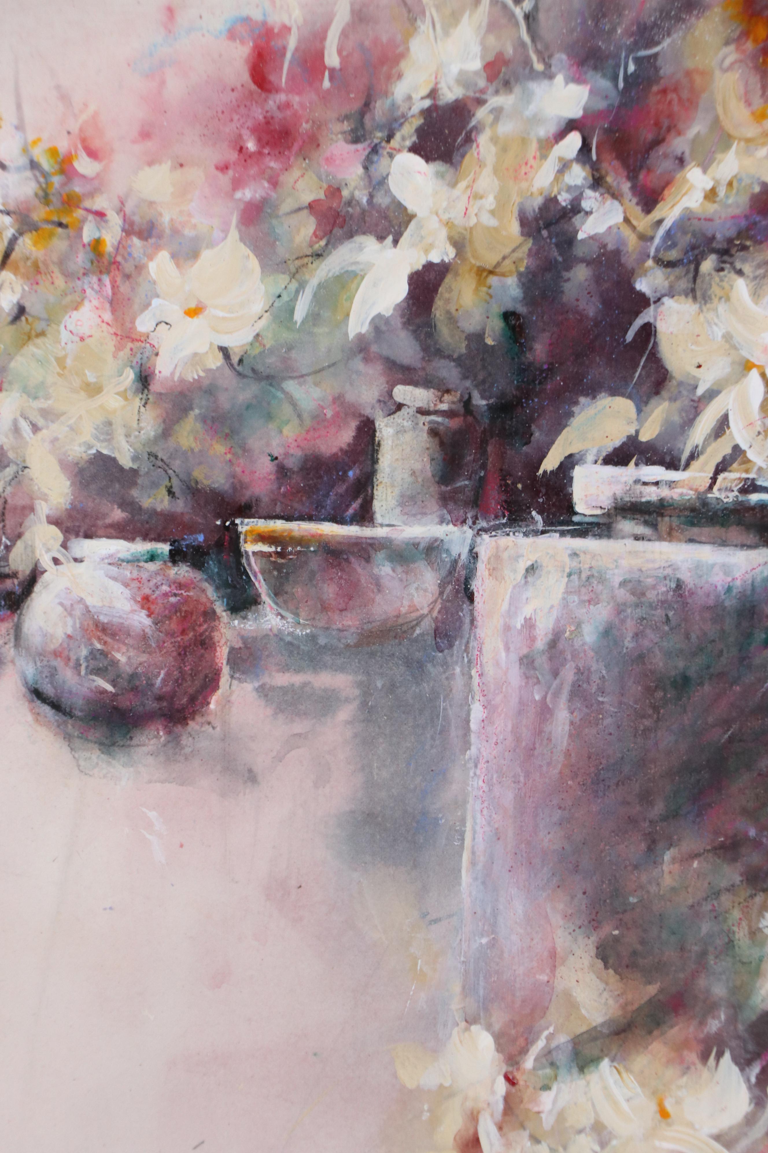 Len Garon Impressionist Style Gouache Painting with Flowers and Pottery, 1984