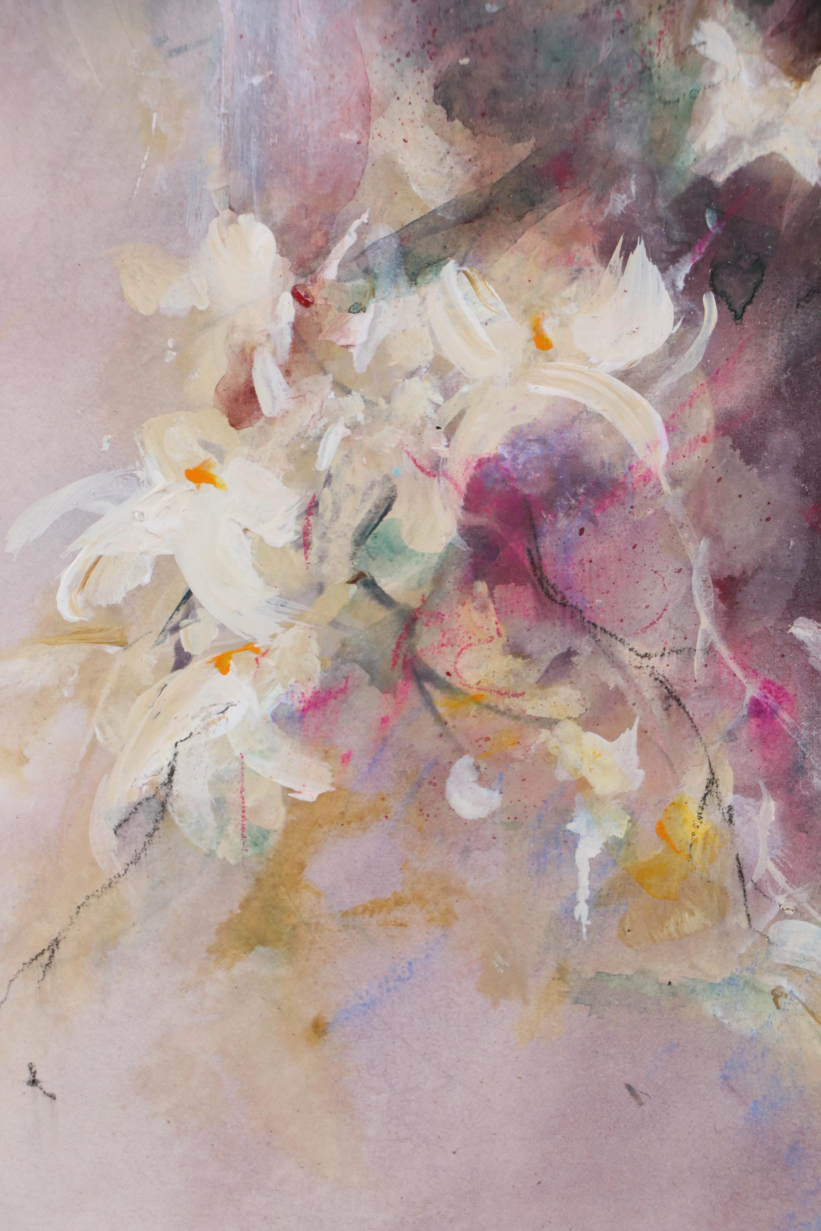 Len Garon Impressionist Style Gouache Painting with Flowers and Pottery, 1984