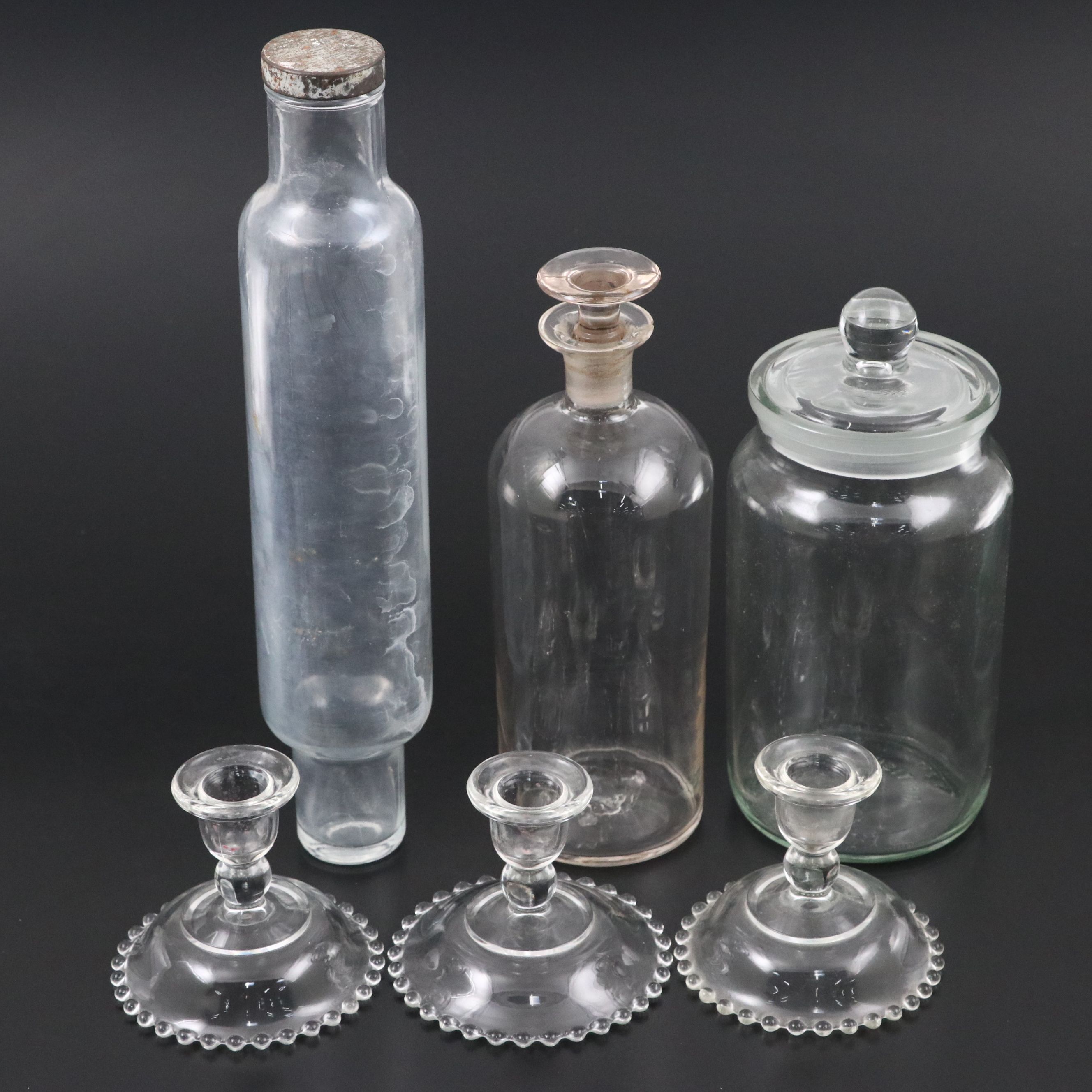Hollow Glass Rolling Pin with Metal Cap, Candlesticks, and Glass Containers