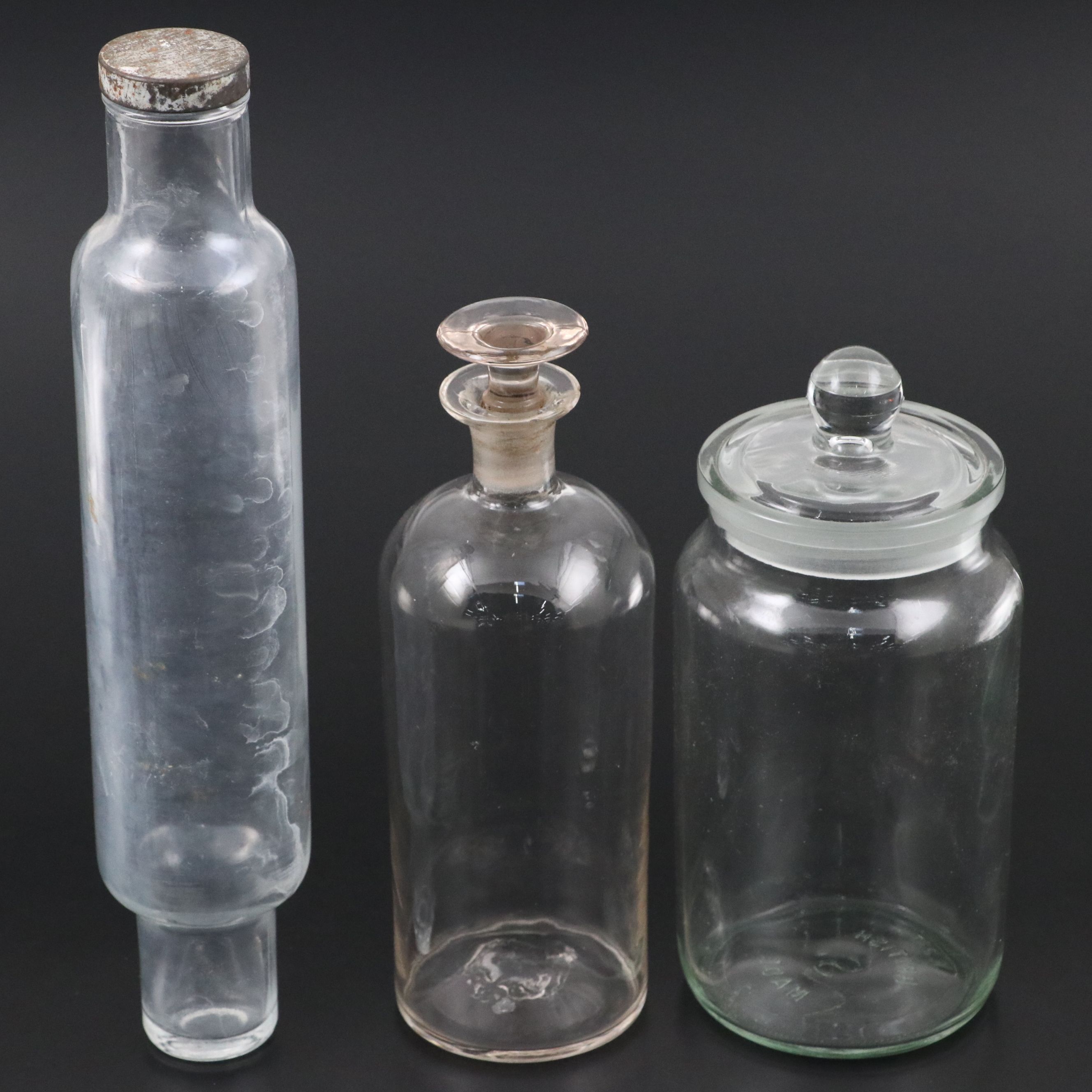 Hollow Glass Rolling Pin with Metal Cap, Candlesticks, and Glass Containers