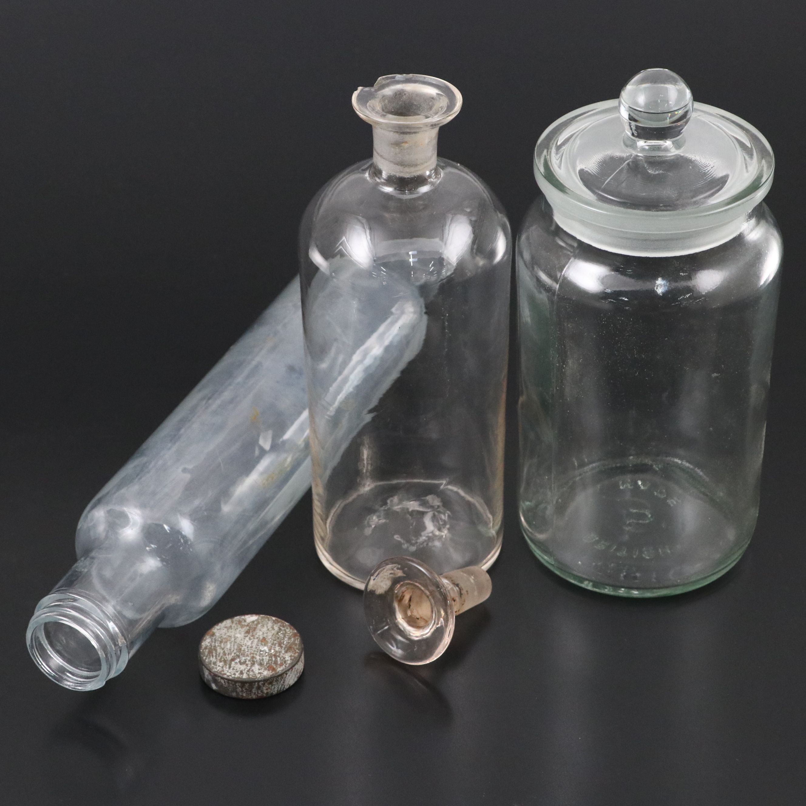 Hollow Glass Rolling Pin with Metal Cap, Candlesticks, and Glass Containers