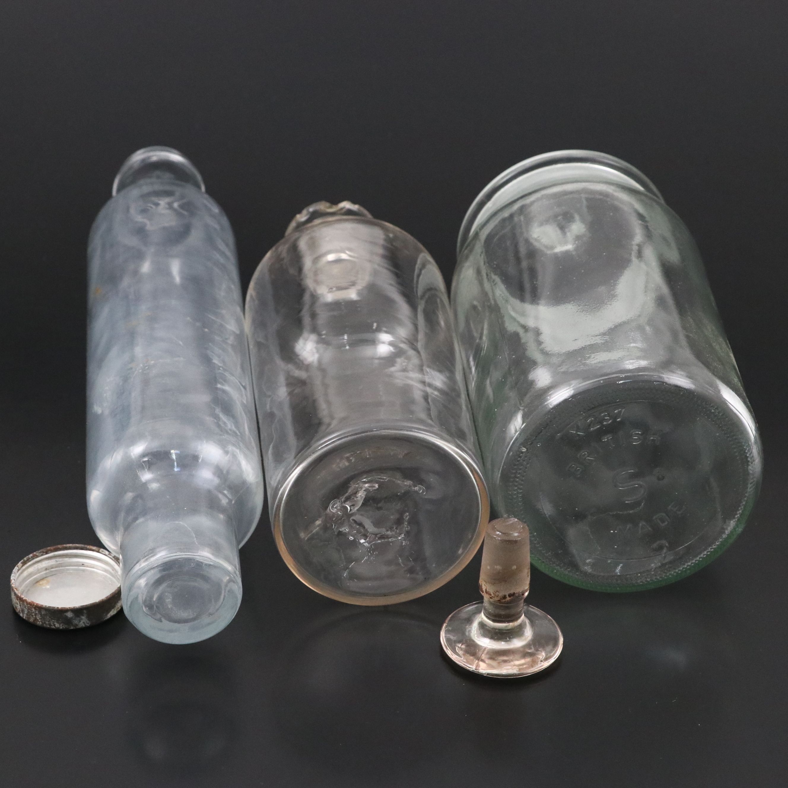 Hollow Glass Rolling Pin with Metal Cap, Candlesticks, and Glass Containers