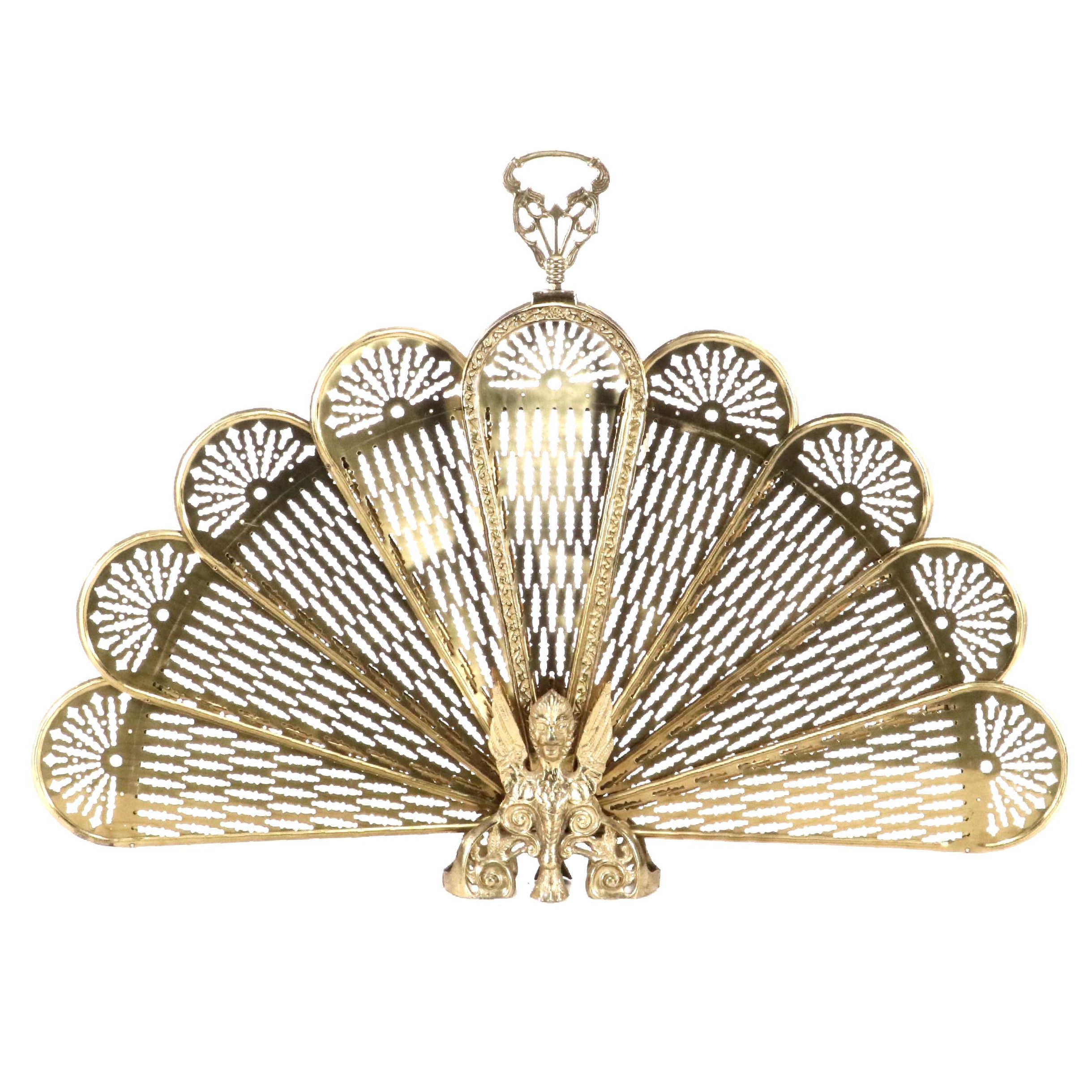 Victorian Style Cast Brass Peacock Fan Fireplace Screen with Gargoyle Base