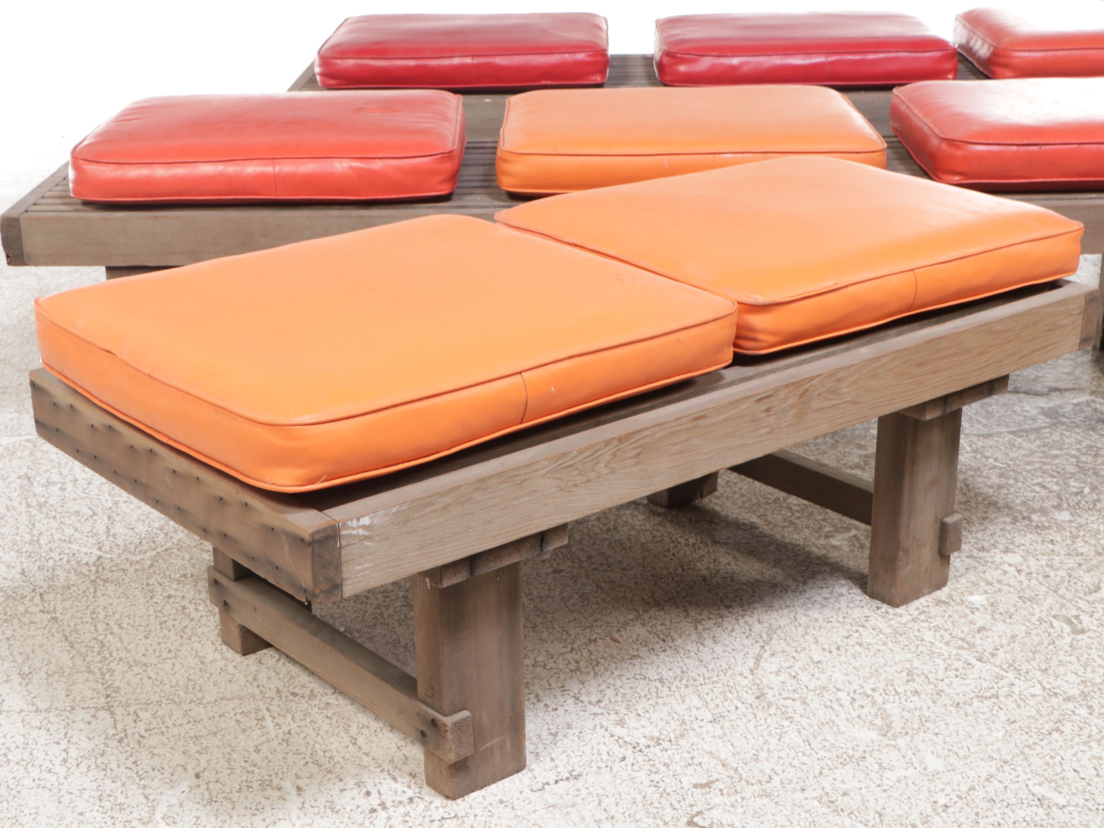 Mid Century Modern Style Slatted Teak Benches with Vinyl Cushions