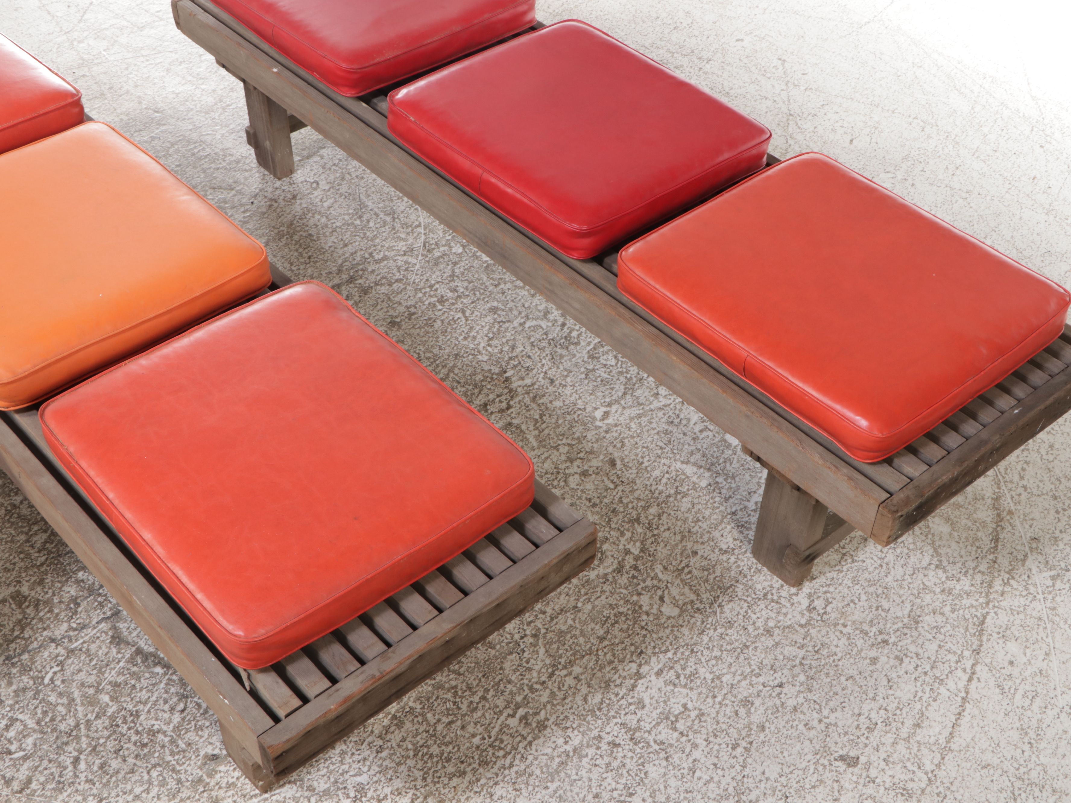 Mid Century Modern Style Slatted Teak Benches with Vinyl Cushions