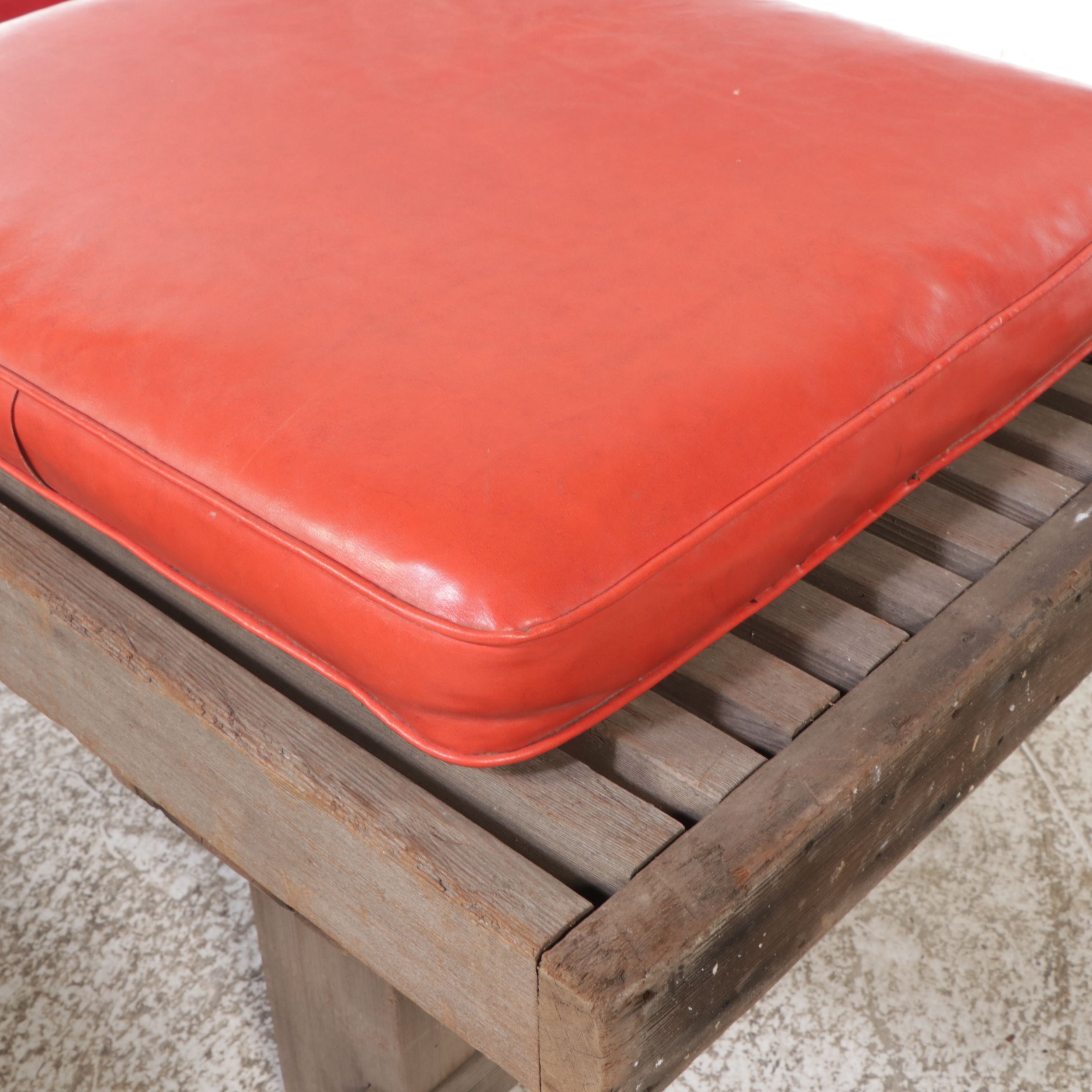 Mid Century Modern Style Slatted Teak Benches with Vinyl Cushions