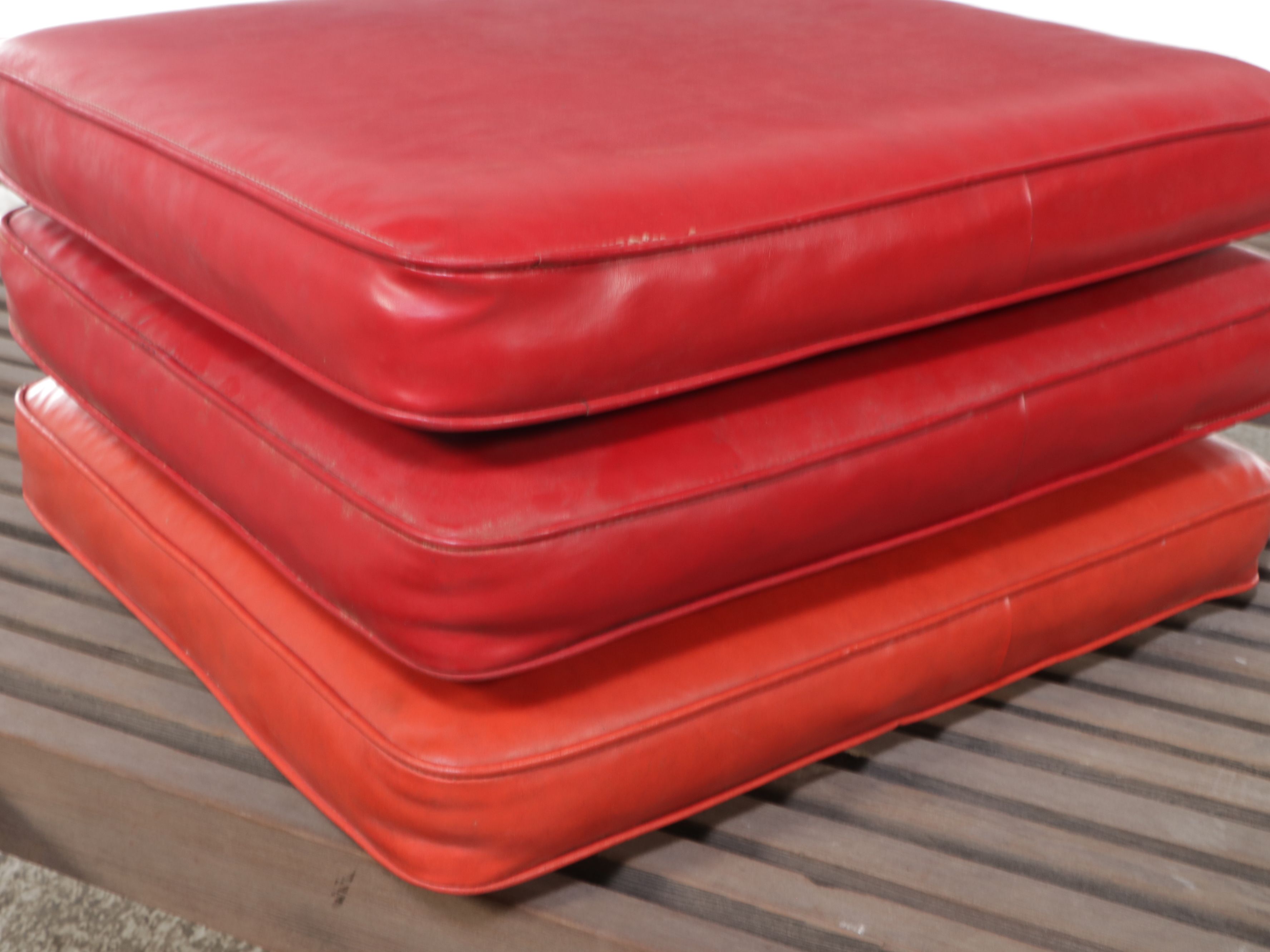 Mid Century Modern Style Slatted Teak Benches with Vinyl Cushions