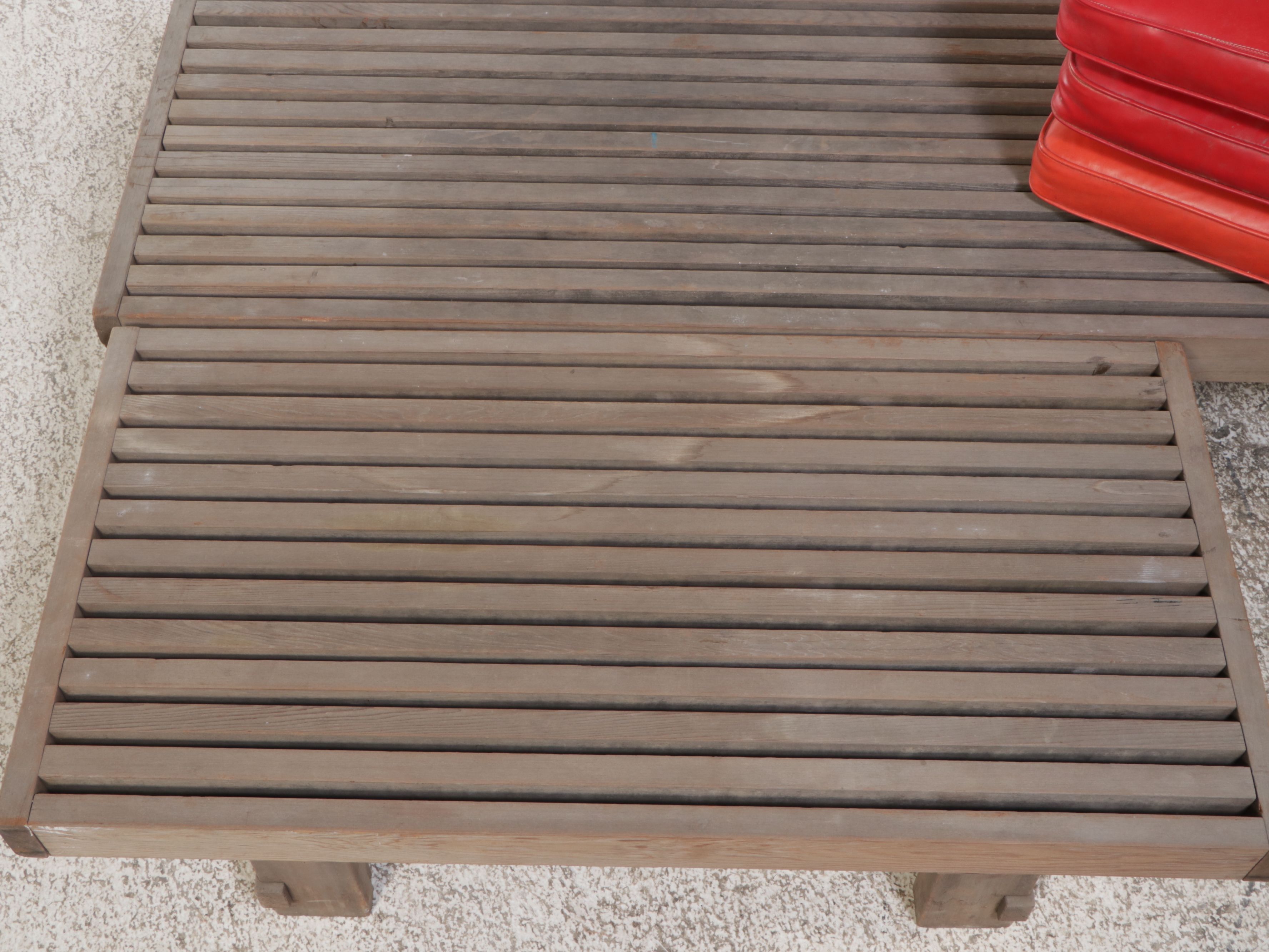 Mid Century Modern Style Slatted Teak Benches with Vinyl Cushions