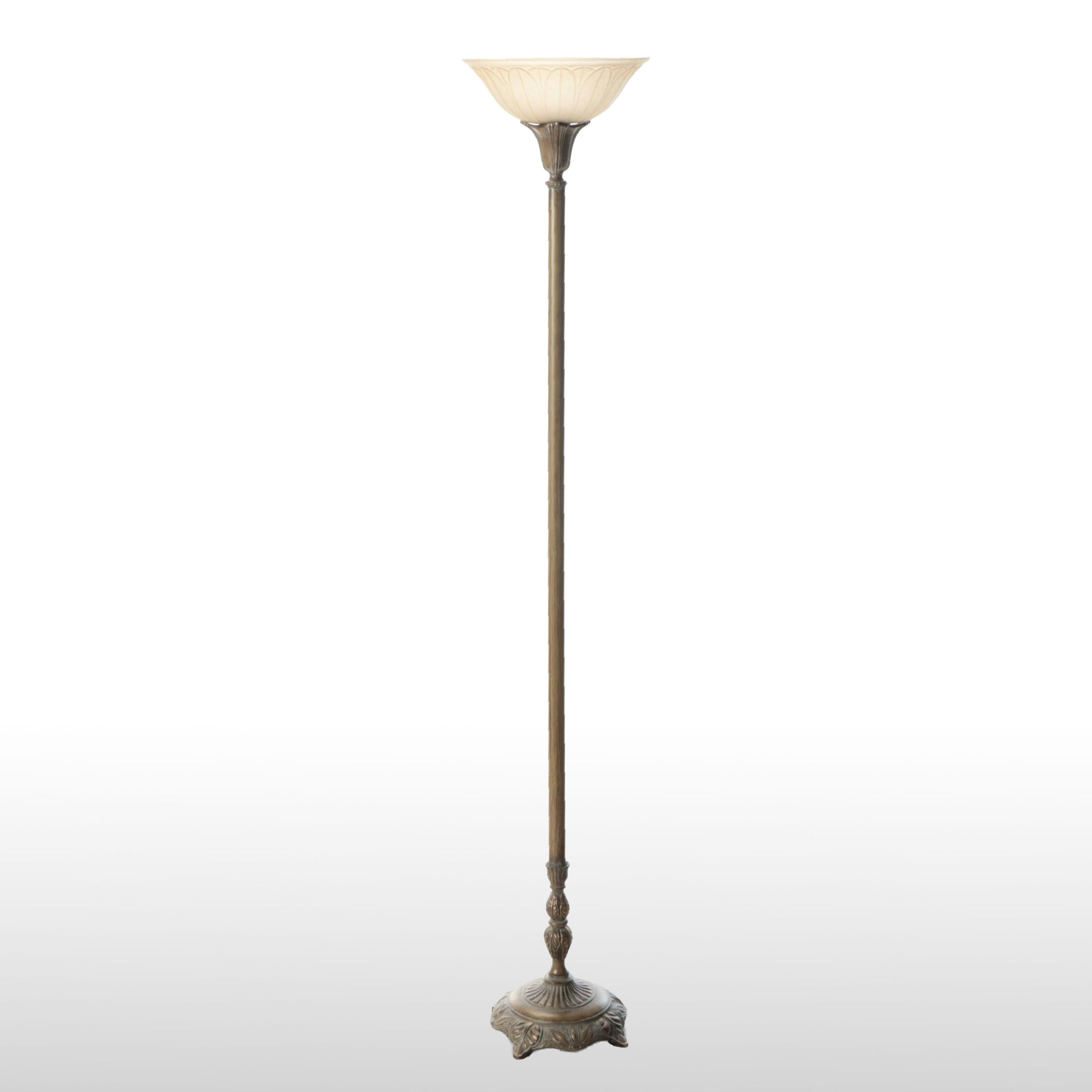 Neoclassical Bronzed Metal Torchère Floor Lamp with Alabaster Glass Petal Shade