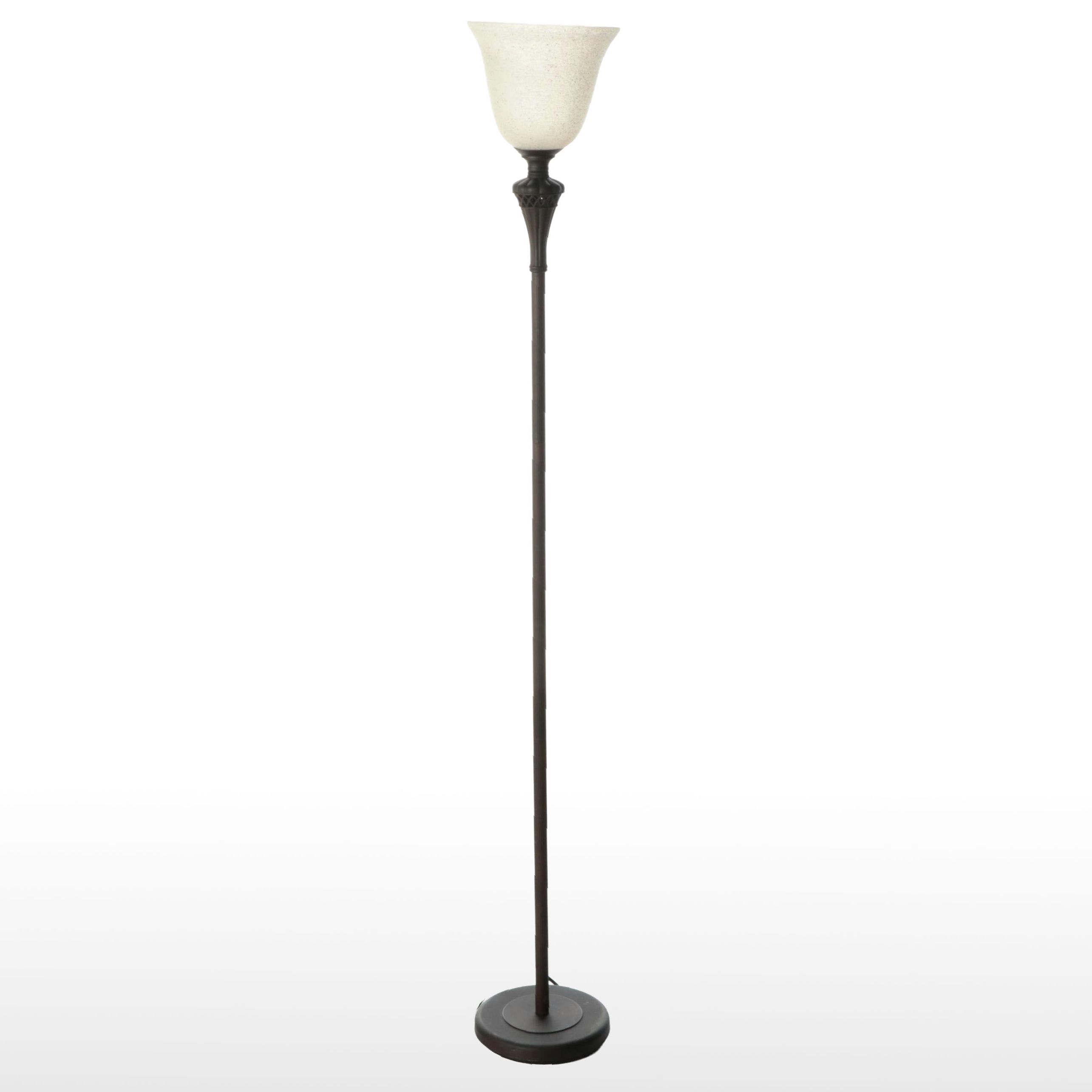 Lite-Source Bronzed Metal Torchère Floor Lamp with Speckled Glass Shade
