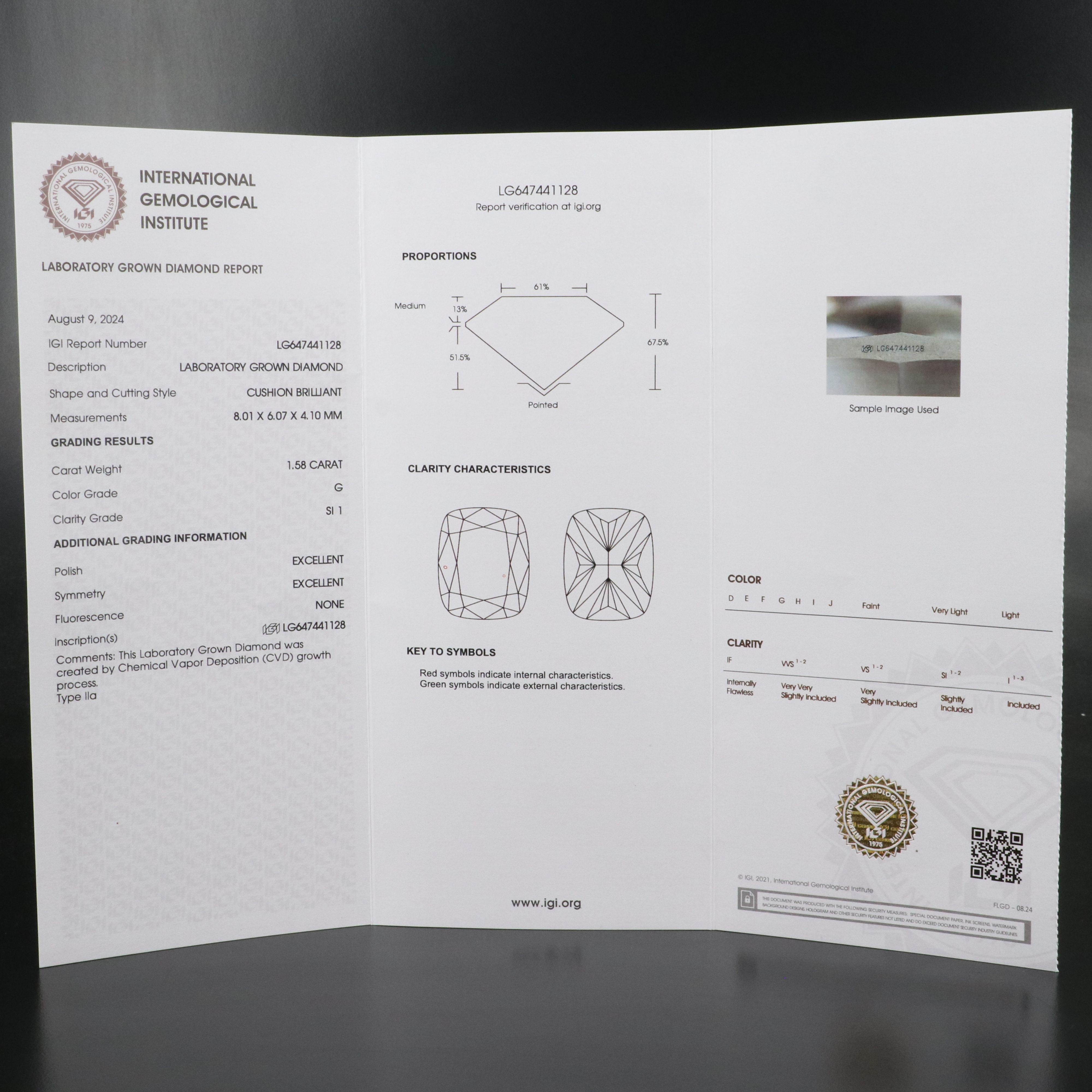 Loose 1.58 CT Lab Grown Diamond with IGI Report