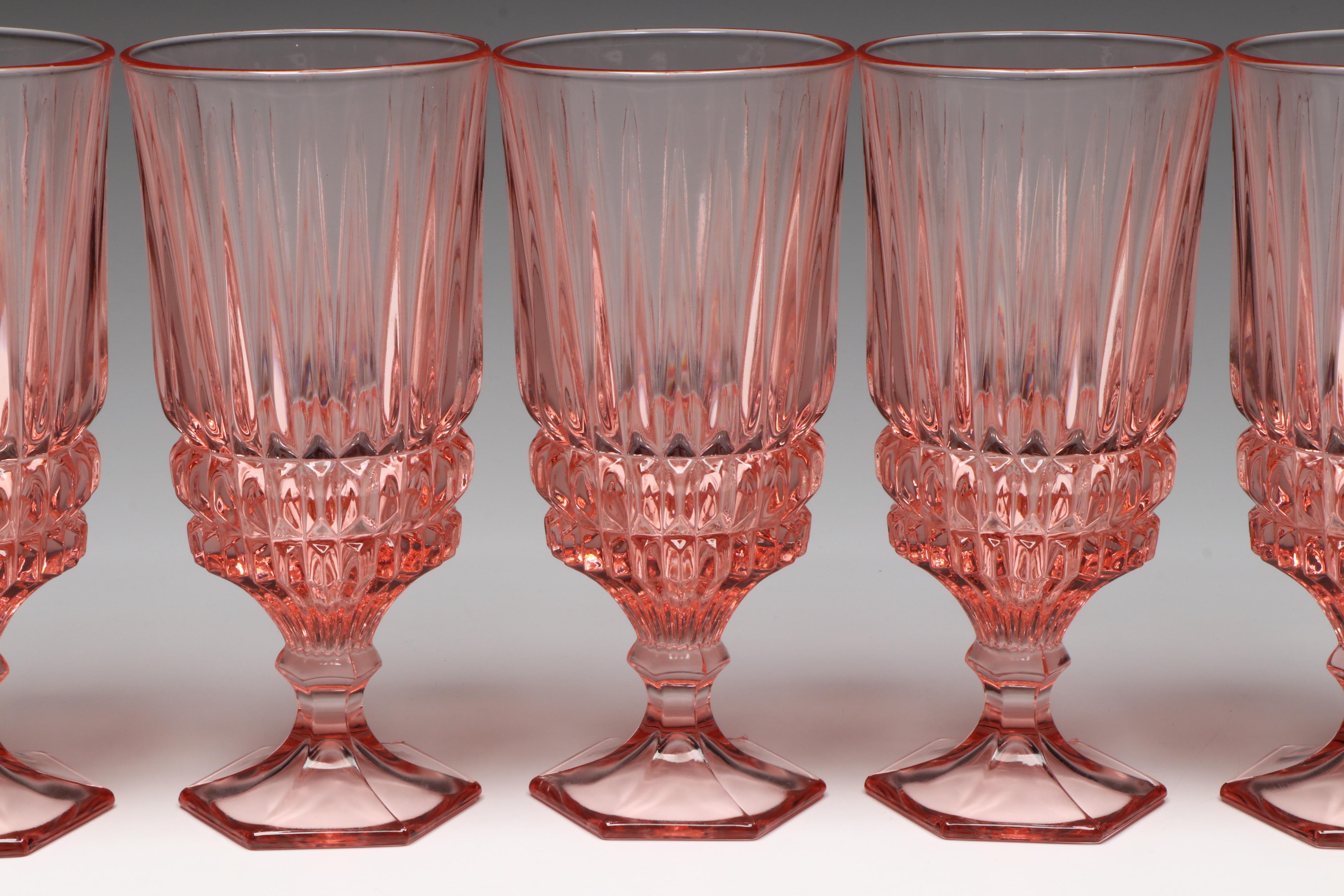 Vintage Fostoria "Heritage Pink" Iced Tea Glasses with Pedestal Bowls