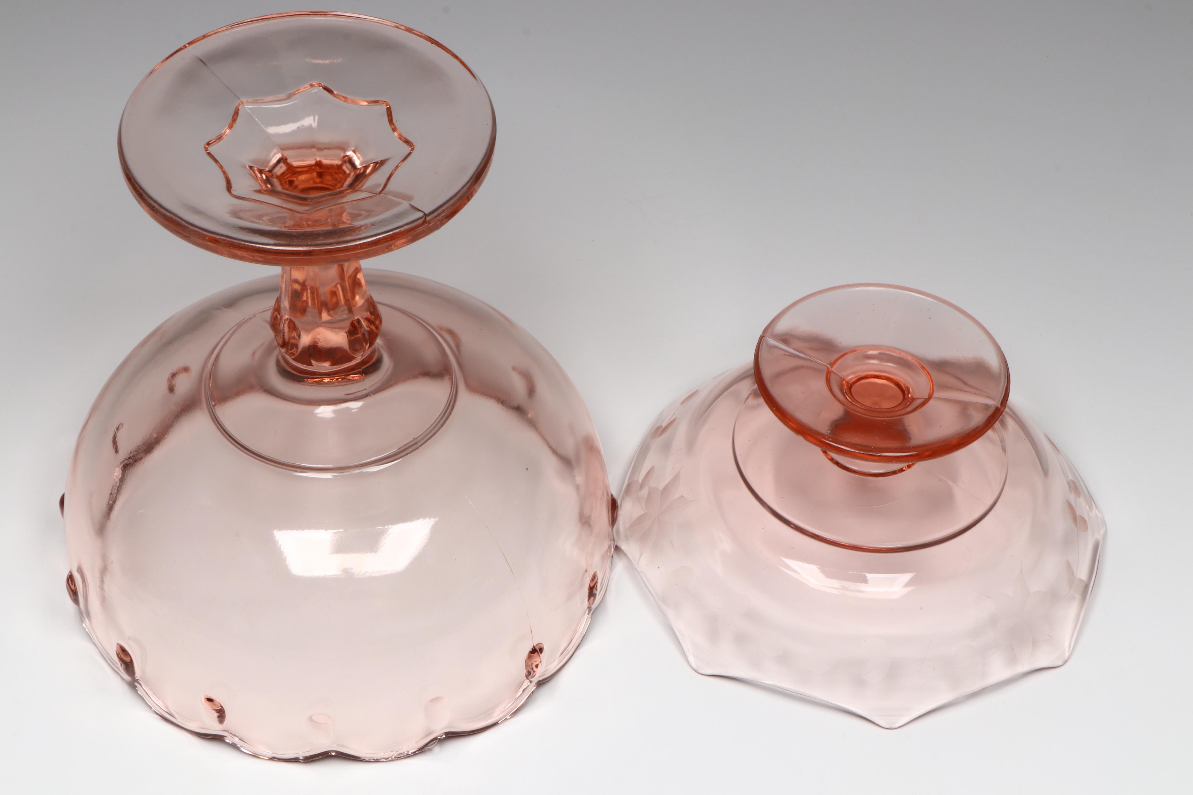 Vintage Fostoria "Heritage Pink" Iced Tea Glasses with Pedestal Bowls