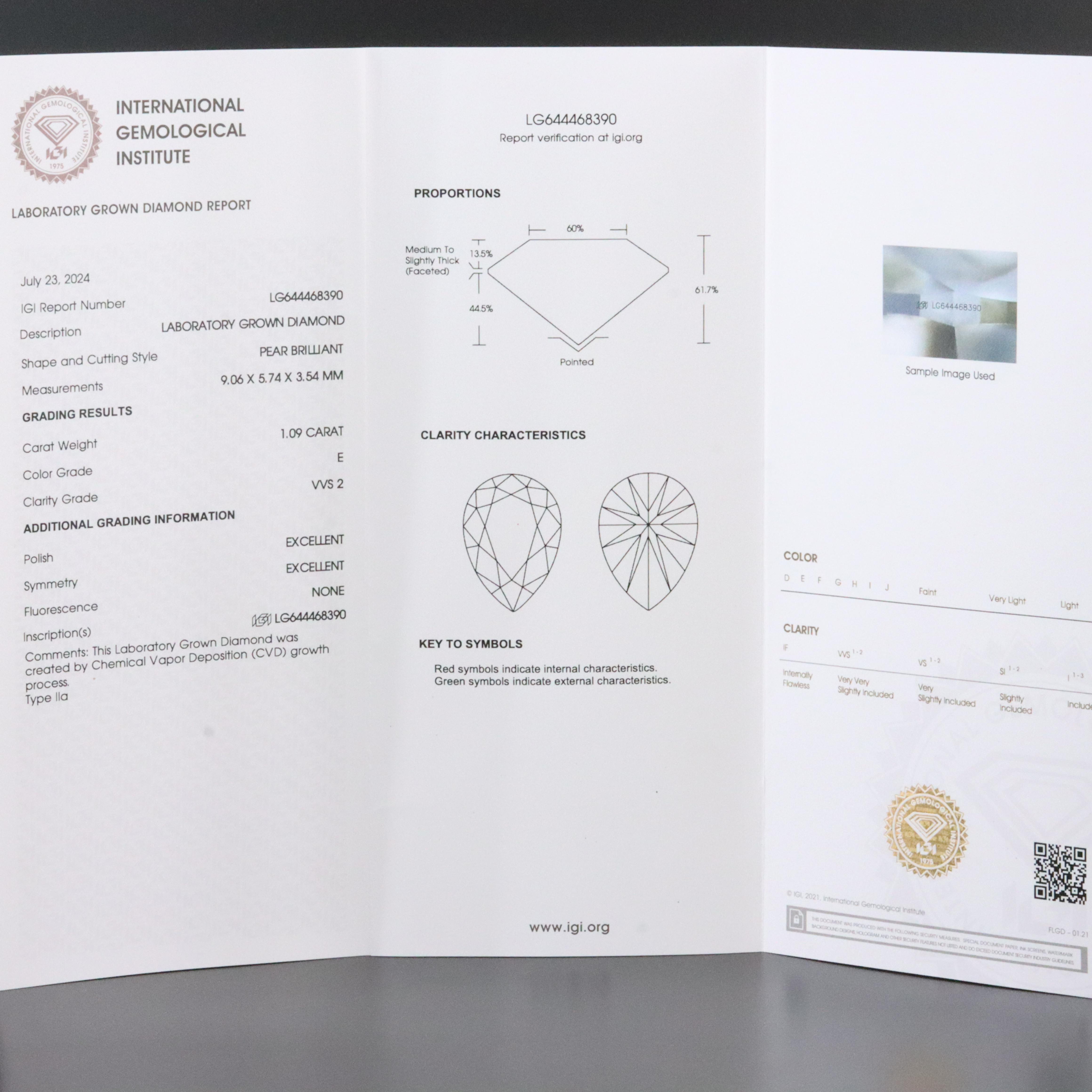 Loose 1.09 CT Lab Grown Diamond with IGI Report