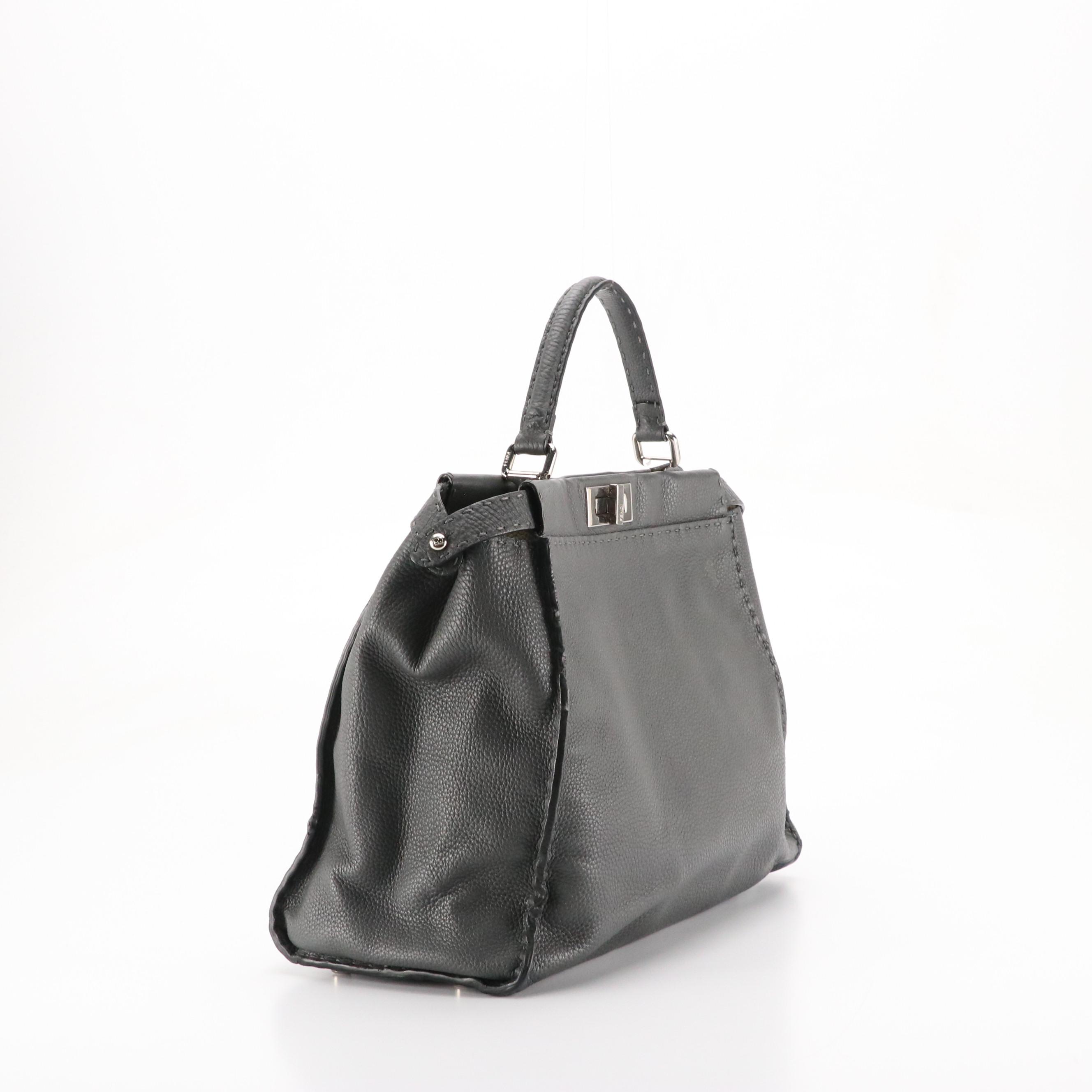 Fendi Large Peekaboo Top Handle Bag in Dark Grey Grained Calfskin Leather