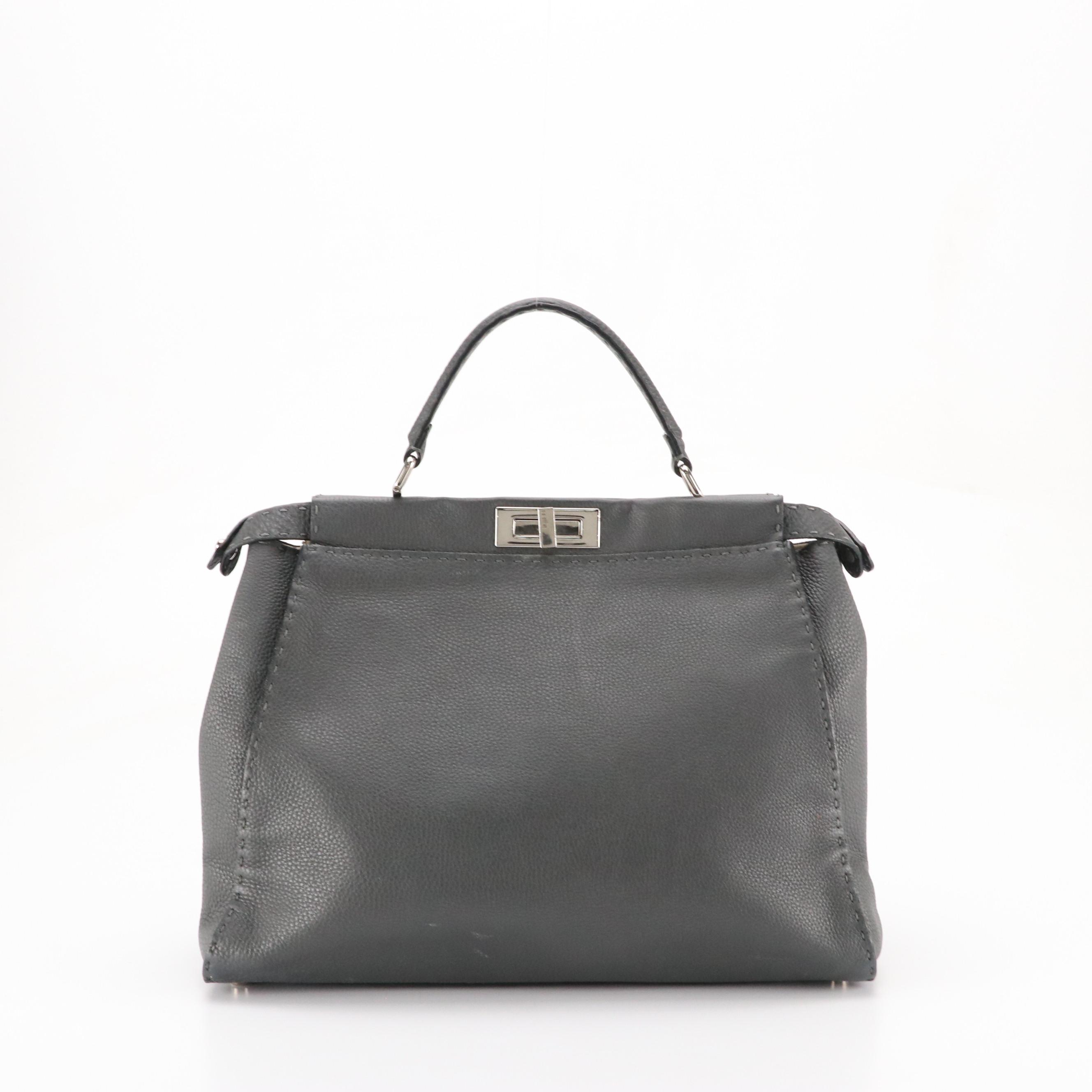 Fendi Large Peekaboo Top Handle Bag in Dark Grey Grained Calfskin Leather