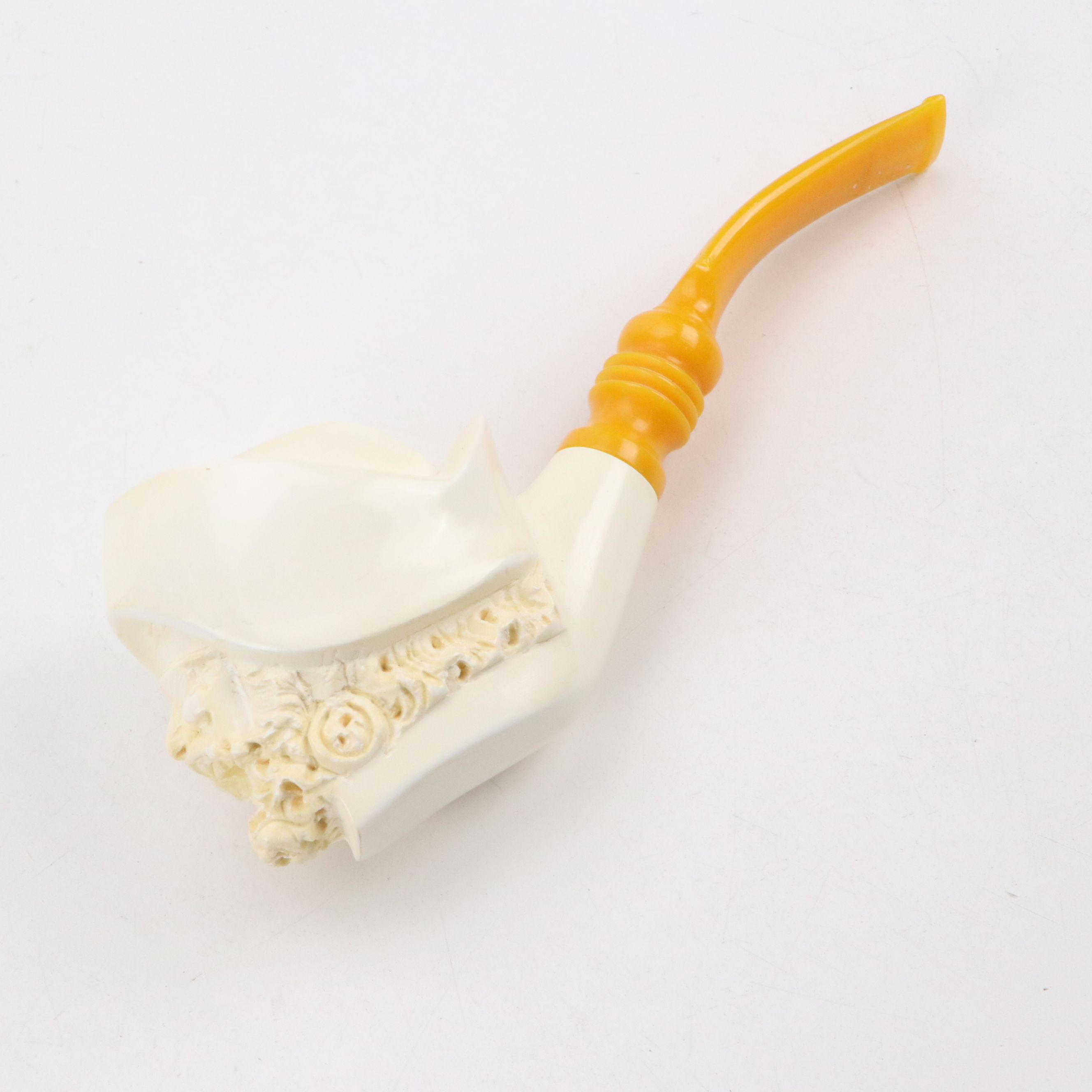 Golden Horn Meerschaum Carved Pirate, Laughing Bacchus with Other Pipes