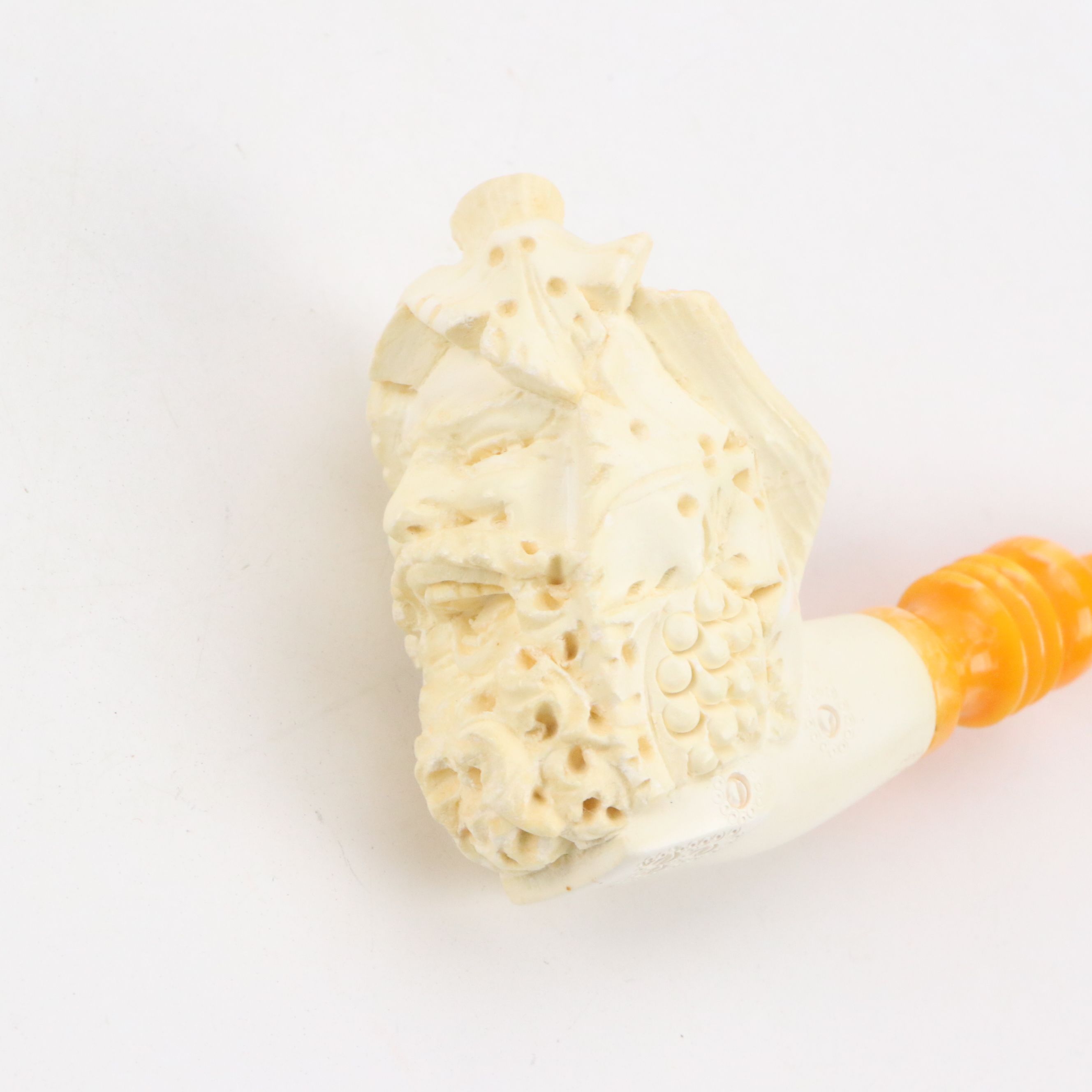 Golden Horn Meerschaum Carved Pirate, Laughing Bacchus with Other Pipes